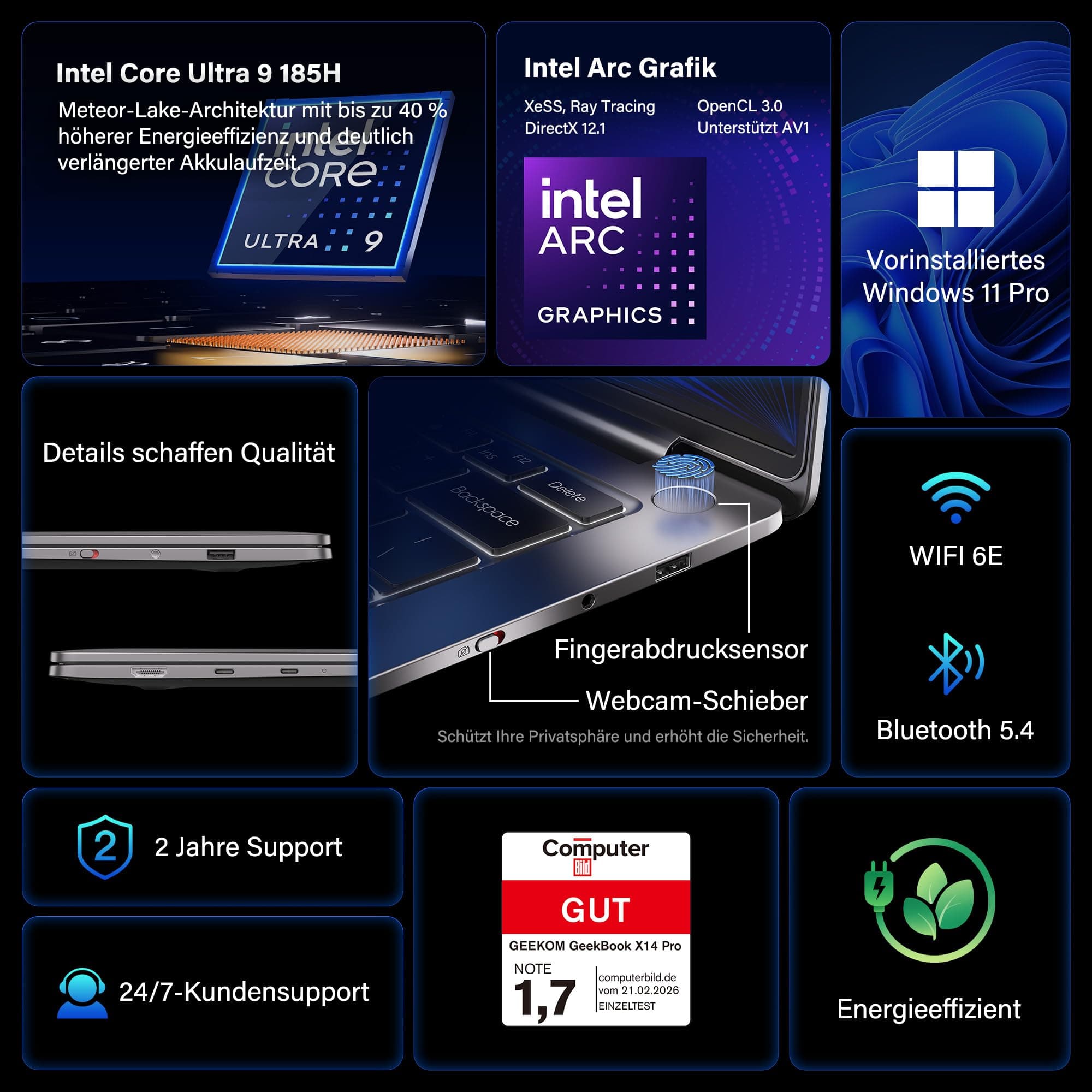 GEEKOM GeekBook X14 Pro Laptop, 999 g Ultraleicht, 14" 2.8K OLED, Ultra 9-185H, 32GB LPDDR5x RAM 7500MT/s, 1TB SSD, 2X USB4, Fingerprint & Webcam-Schieber, bis zu 16 h Akku, Copilot+, Windows 11 Pro GeekBook X14 Pro U9 32GB+1T Bild 2