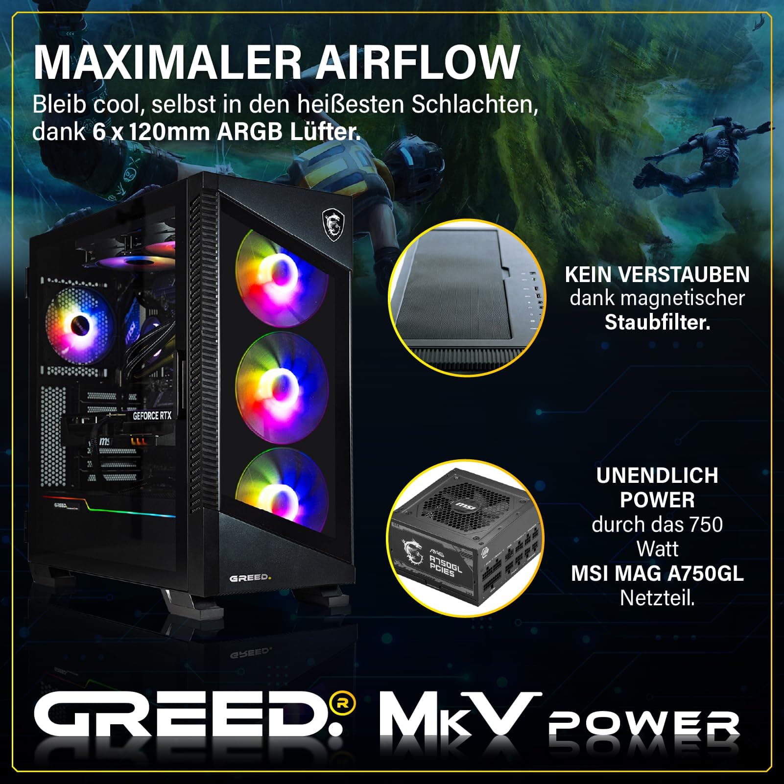 Greed® MK5 Power - High End Gaming PC - Intel Core i9 12900KF + Nvidia Geforce RTX 5070Ti 16GB - Schneller RGB Computer + 4K Raytracing Rechner - 5,2 GHZ - 32 GB DDR5 RAM - 1TB SSD - WLAN + W11 Pro MK5 POWER | 5070 Ti INTEL Bild 4