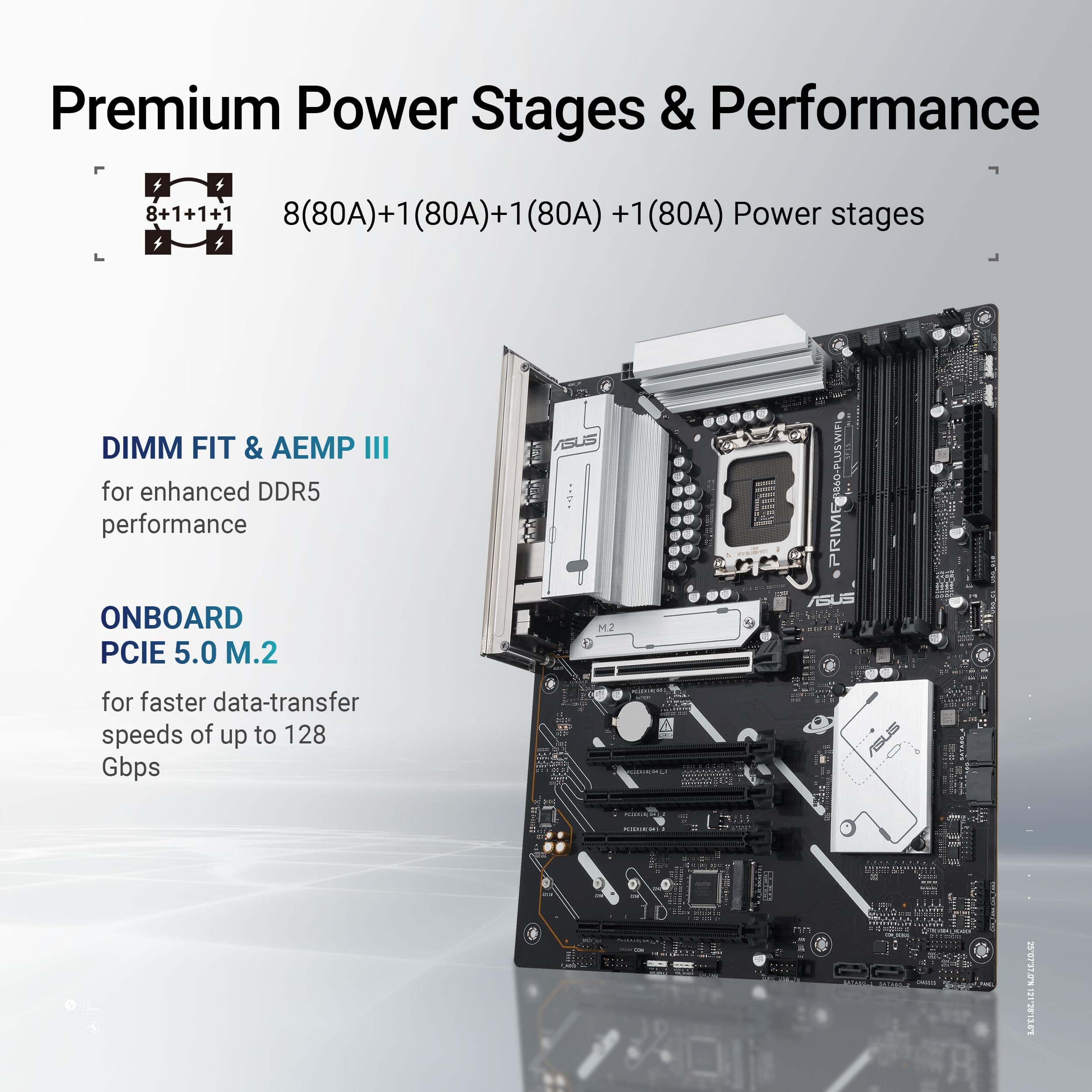 ASUS Prime B860-PLUS WiFi B860 LGA 1851 ATX Motherboard, Intel® Core™ Ultra Series 2 Ready, Advanced AI PC-Ready, 8+1+1+1 Stufen, DDR5, PCIe 5.0, HDMI, USB 20Gbps Type-C®, 2x M.2, WiFi 6E, 2.5GB LAN Bild 5