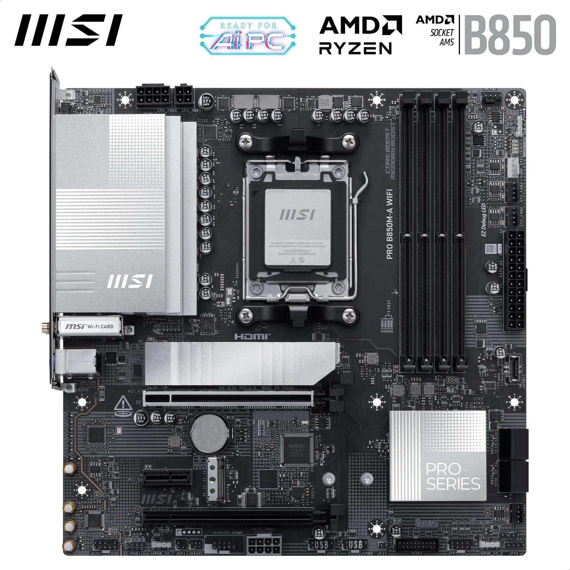 MSI PRO B850M-A WiFi-Motherboard, mATX - Unterstützt AMD Ryzen 9000/8000/7000 Prozessoren, AM5 - DDR5 Memory Boost (8200+ MT/s OC), PCIe 5.0 x16 & 4.0 x4, M.2 Gen5, Wi-Fi 7, 5G LAN Bild 3