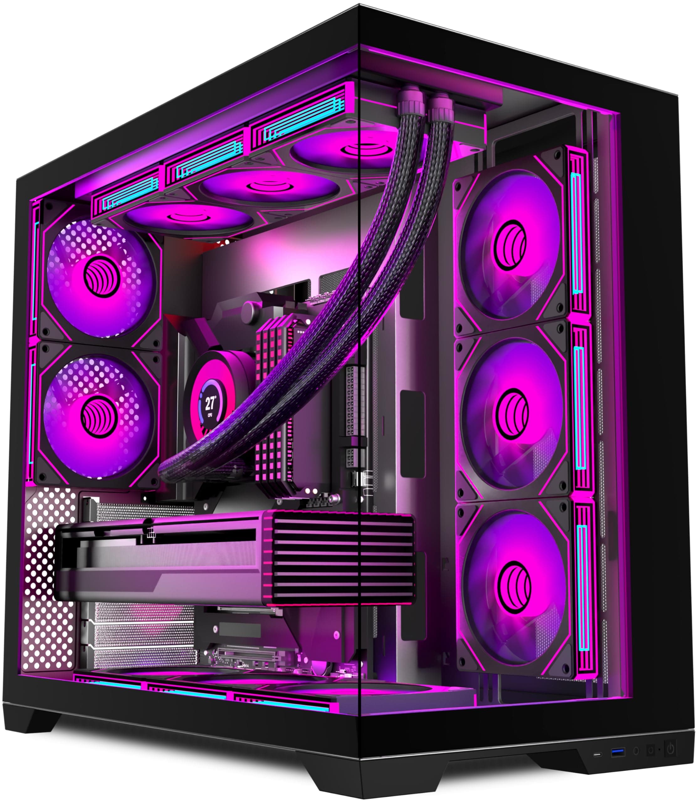 KEDIERS PC Gehäuse Vorinstallierter 5 × 120MM Schwarz Lüfter, ATX Mid Tower PC Gehäuse, Computergehäuse mit Panoramaaussicht Gehärtetes Glas Front Panel,Schwarz/Walnussholz,Neue P6-Version Bild 3