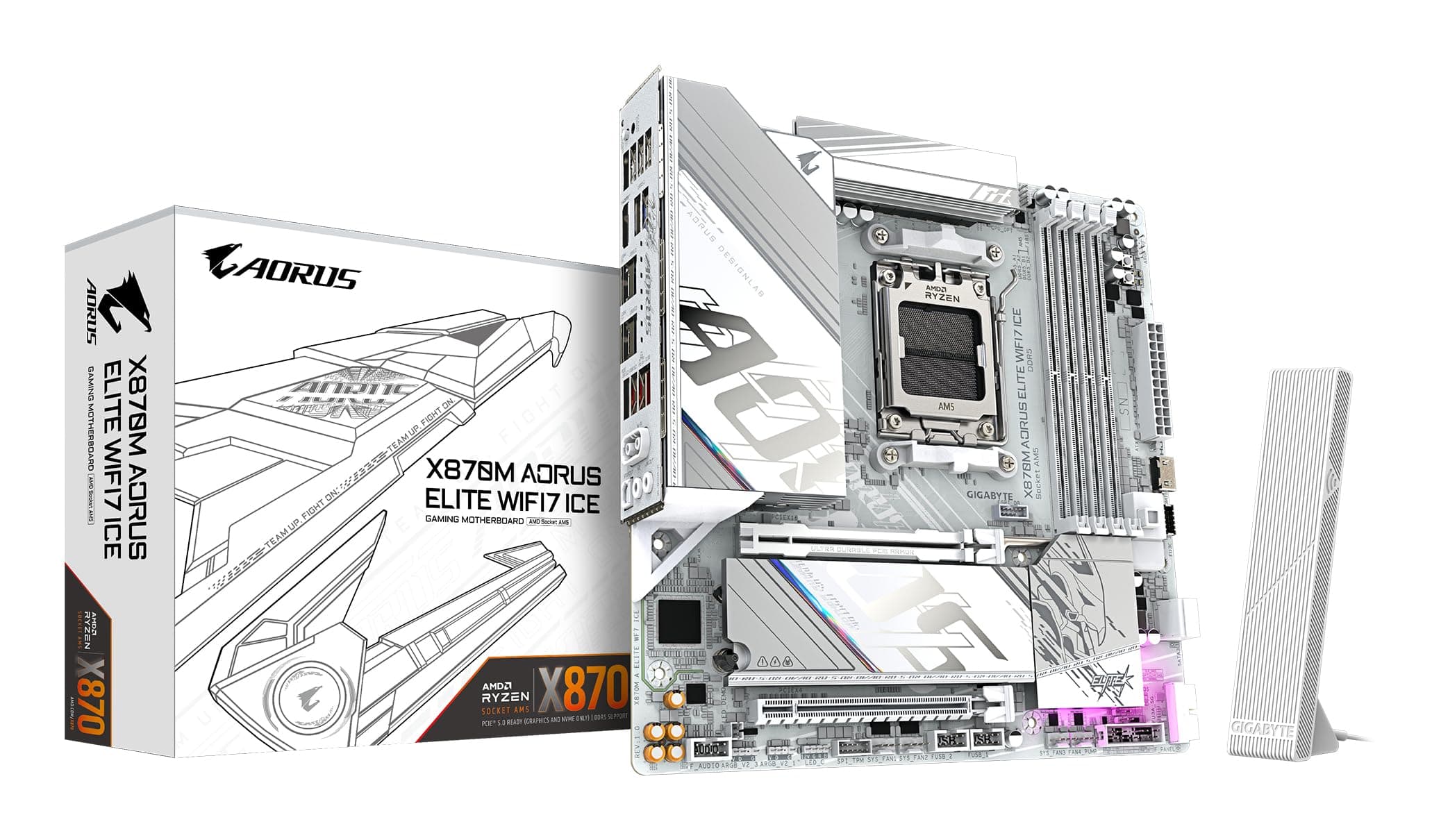 GIGABYTE X870M AORUS Elite WIFI7 Ice Mainboard – Unterstützt AMD Ryzen 9000 CPUs, digitales 14+2+2-Phasen-VRM, bis zu 8200 Hz DDR5 (O.C), 1× PCIe 5.0 + 1× PCIe 4.0, Wi-Fi 7, 2.5-GbE-LAN, USB 4 Bild 2