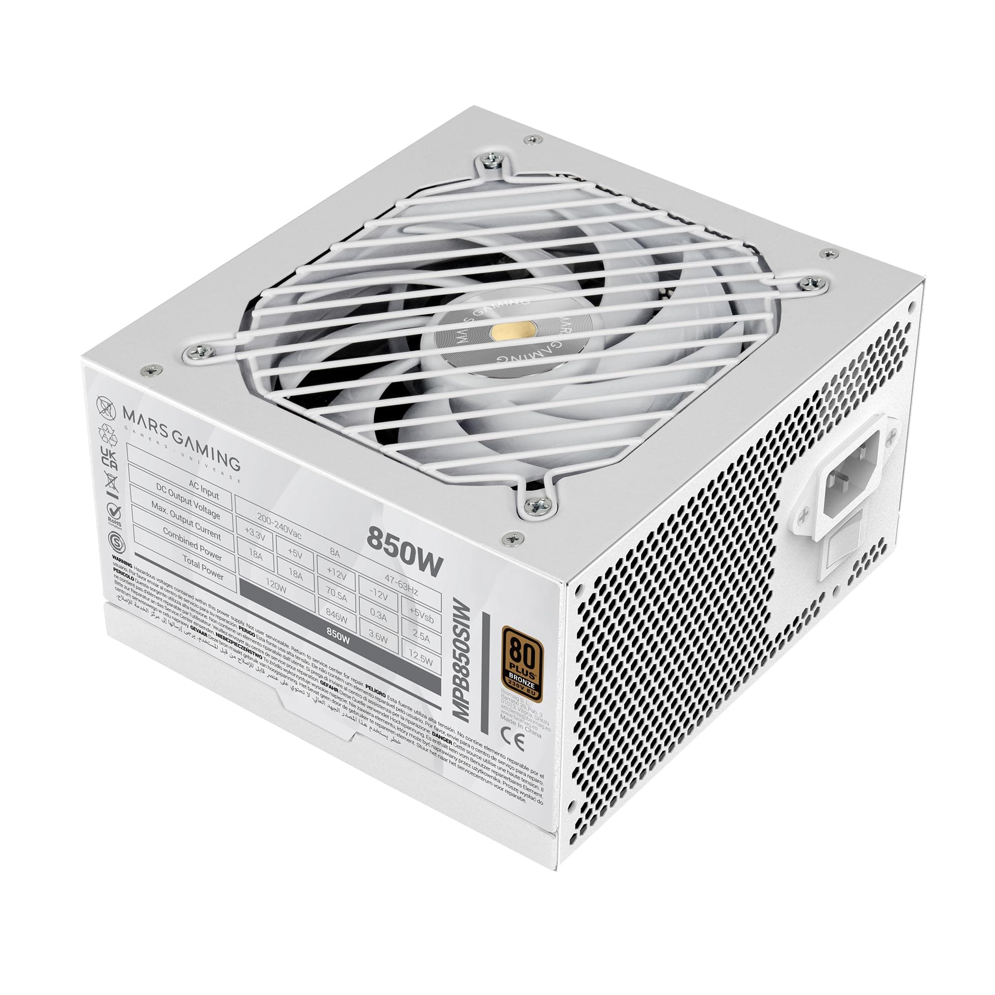 MARSGAMING MPB850SI, PC-ATX-Netzteil 850W, 7 Jahre Garantie, 80Plus Bronze 230V, 90% Effizienz, SI Extreme Silence Lüfter mit Kupferkern, AI2-RPM-, DC-DC- und SMD-Technologien, Weiß MPB850SIW