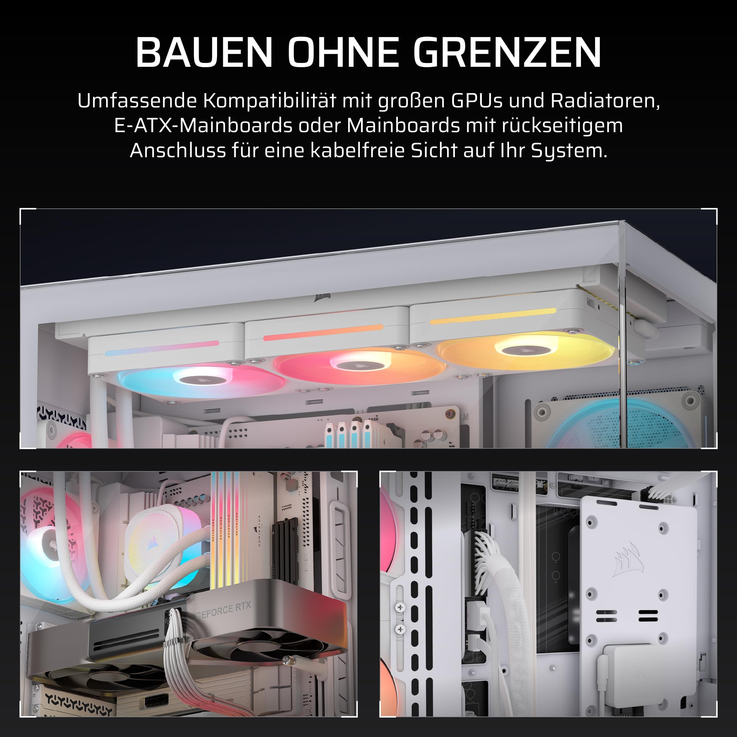CORSAIR 3500X LX-R RGB iCUE LINK Panoramaglas Mid-Tower-PC-Gehäuse – 3 x LX120-R RGB-Lüfter und iCUE LINK System Hub Inklusive, GPU-Anti-Sag-Arm, Platz für bis zu 10 x 120-mm-Lüfter – Weiß Bild 7