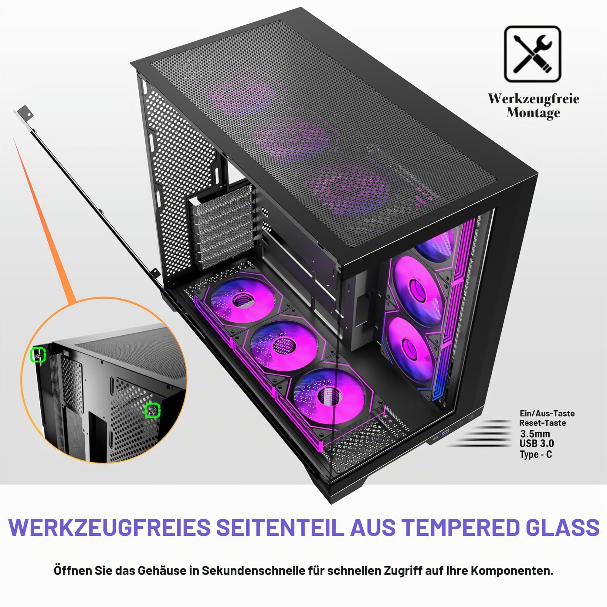 KEDIERS PC Gehäuse Vorinstallierter 5 × 120MM Schwarz Lüfter, ATX Mid Tower PC Gehäuse, Computergehäuse mit Panoramaaussicht Gehärtetes Glas Front Panel,Schwarz/Walnussholz,Neue P6-Version Bild 7