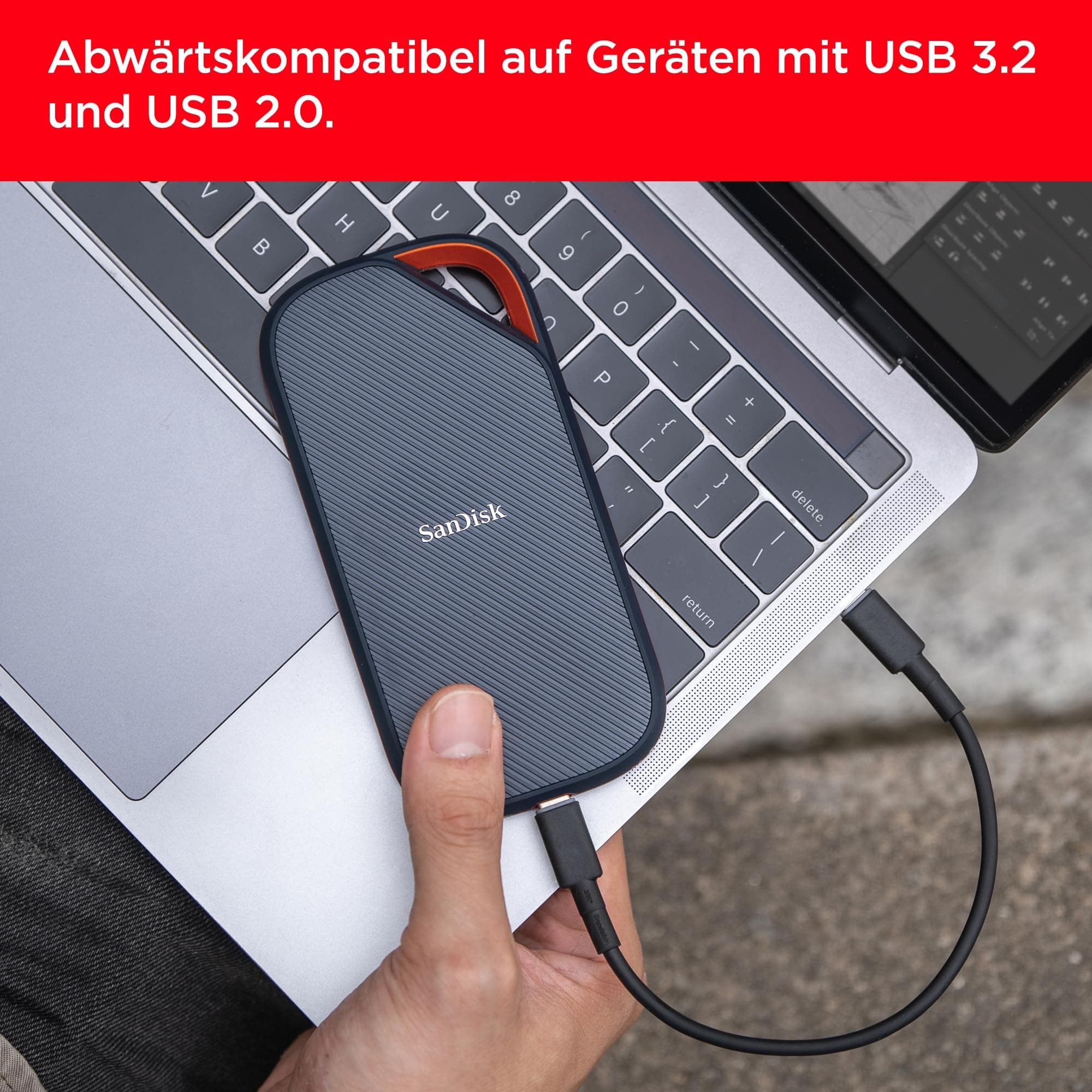 SanDisk Extreme PRO mit USB4 4 TB (portable SSD, bis zu 3.800 MB/s Lesegeschwindigkeit, robustes Design mit IP65, kompatibel mit USB-C & Thunderbolt, Silikonhülle & Aluminiumgehäuse) Schwarz USB4 4 TB Bild 6