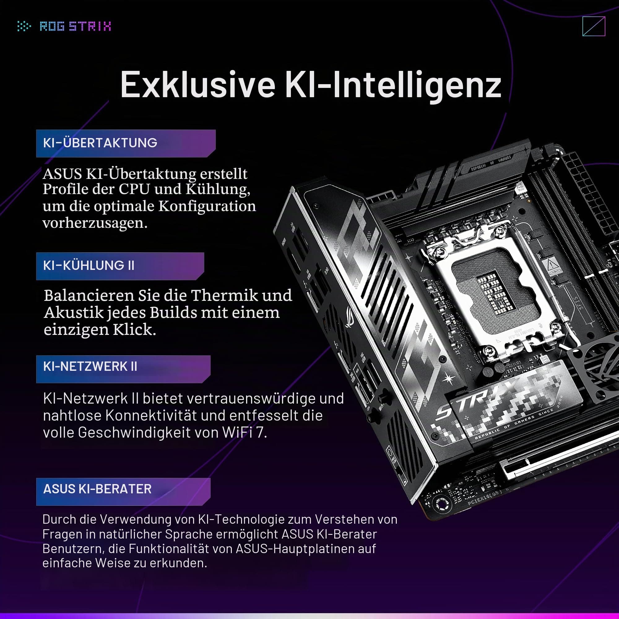 ASUS ROG STRIX Z890-I GAMING WIFI Mainboard Intel Z890 LGA 1851 Mini-iTX, Intel Core Ultra Series 2 Ready, Advanced AI PC-ready, 10+2+1+1 Stadien, DDR5, WiFi 7, 2x M.2, Thunderbolt 4, USB Type-C Bild 3