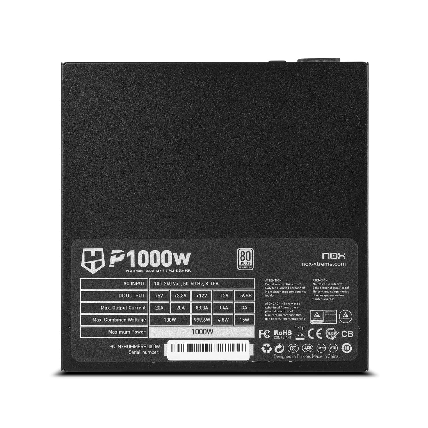 NOX Hummer P 1000W 80 Plus Platinum -NXHUMMERP1000W- 1000W Netzteil, ATX, EPS, S-ATA, 3.0 12V, Ultra-Quiet 140mm Lüfter, TEAPO Elektrolytkondensatoren, Schwarz Bild 5