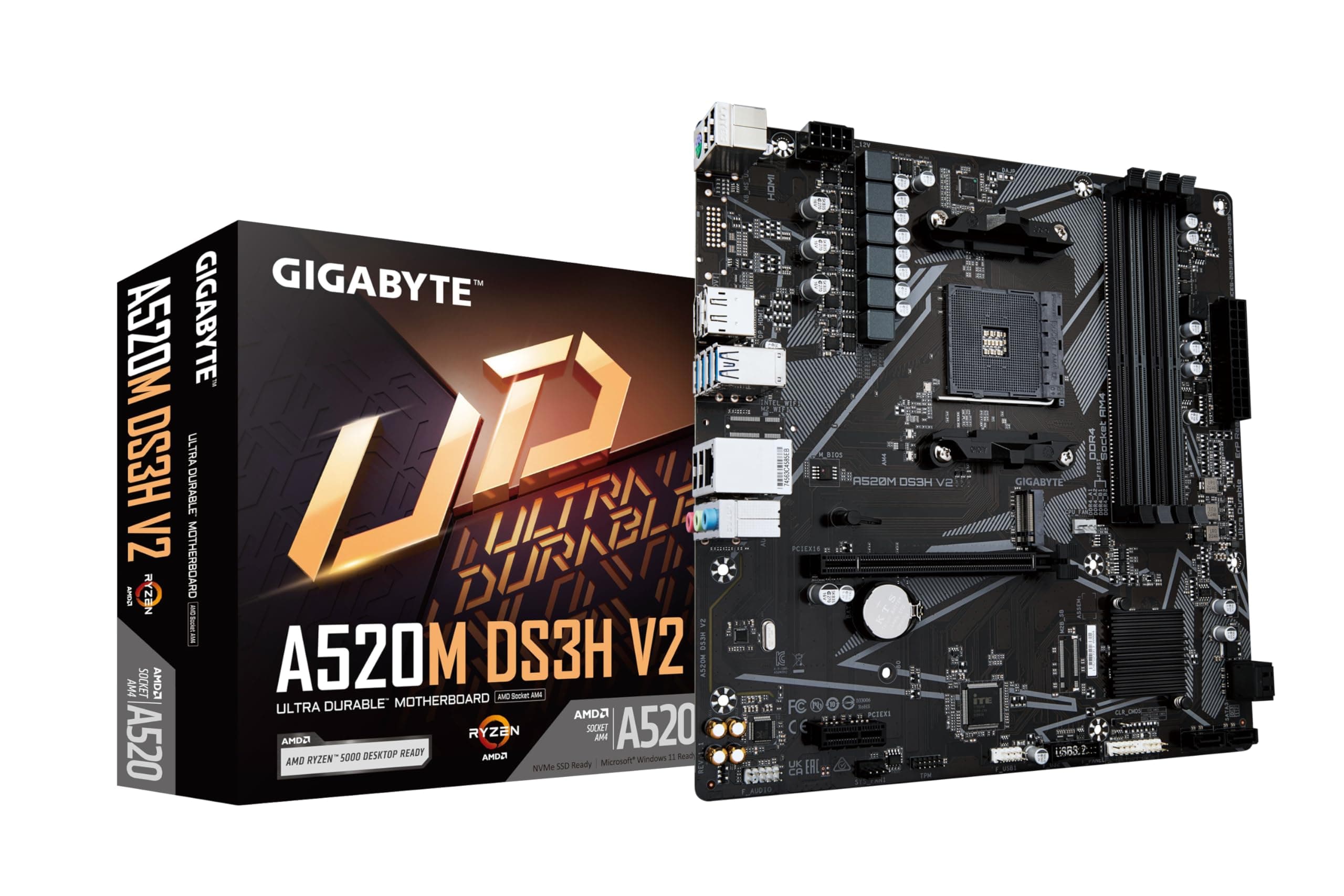 GIGABYTE A520M DS3H V2 Mainboard - Unterstützt AMD Ryzen 5000 Serie AM4 CPUs, bis zu 4733 MHz DDR4 (OC), PCIe 3.0 x16, GbE LAN, USB 3.2 Gen 1 Bild 2