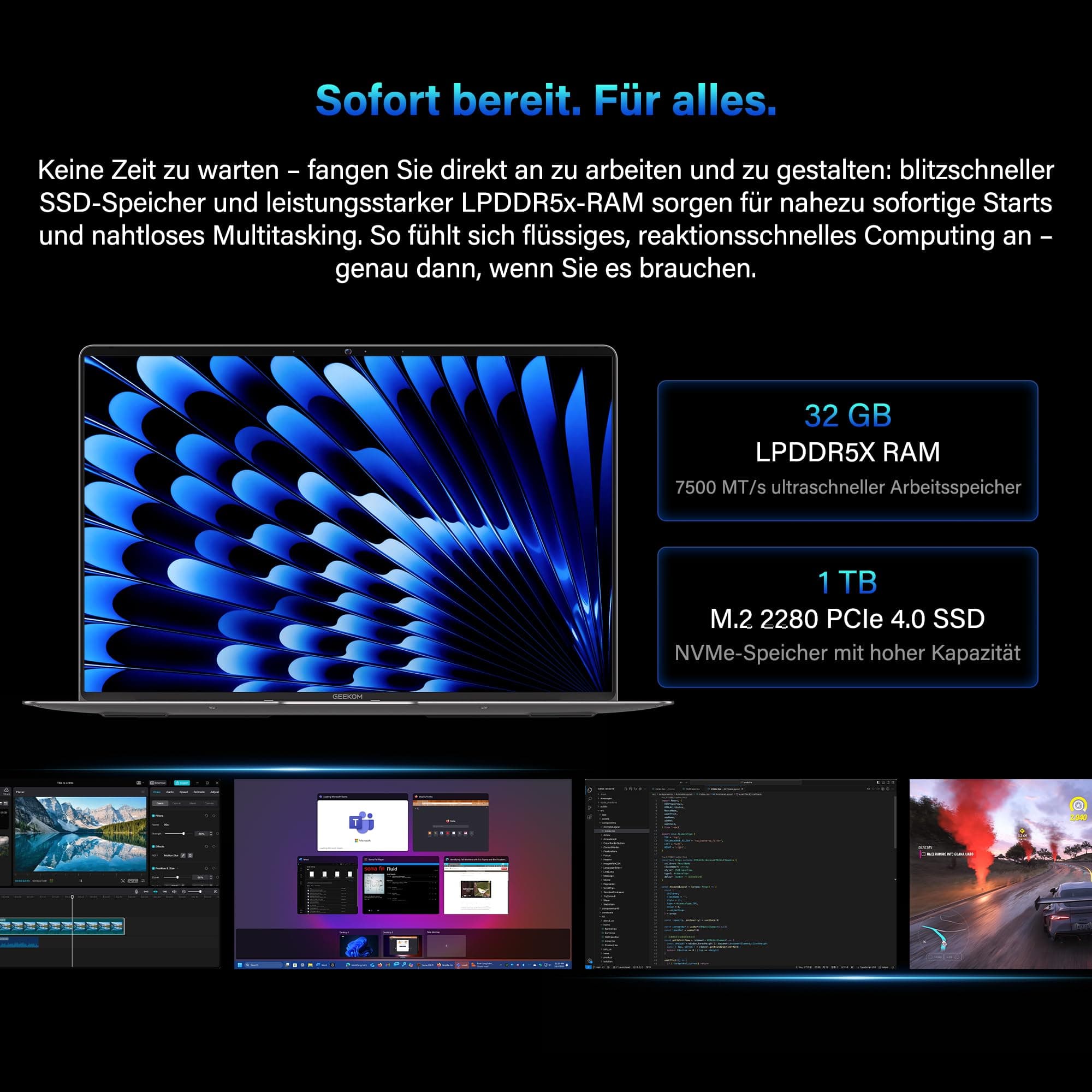 GEEKOM GeekBook X14 Pro Laptop, 999 g Ultraleicht, 14" 2.8K OLED, Ultra 9-185H, 32GB LPDDR5x RAM 7500MT/s, 1TB SSD, 2X USB4, Fingerprint & Webcam-Schieber, bis zu 16 h Akku, Copilot+, Windows 11 Pro GeekBook X14 Pro U9 32GB+1T Bild 7