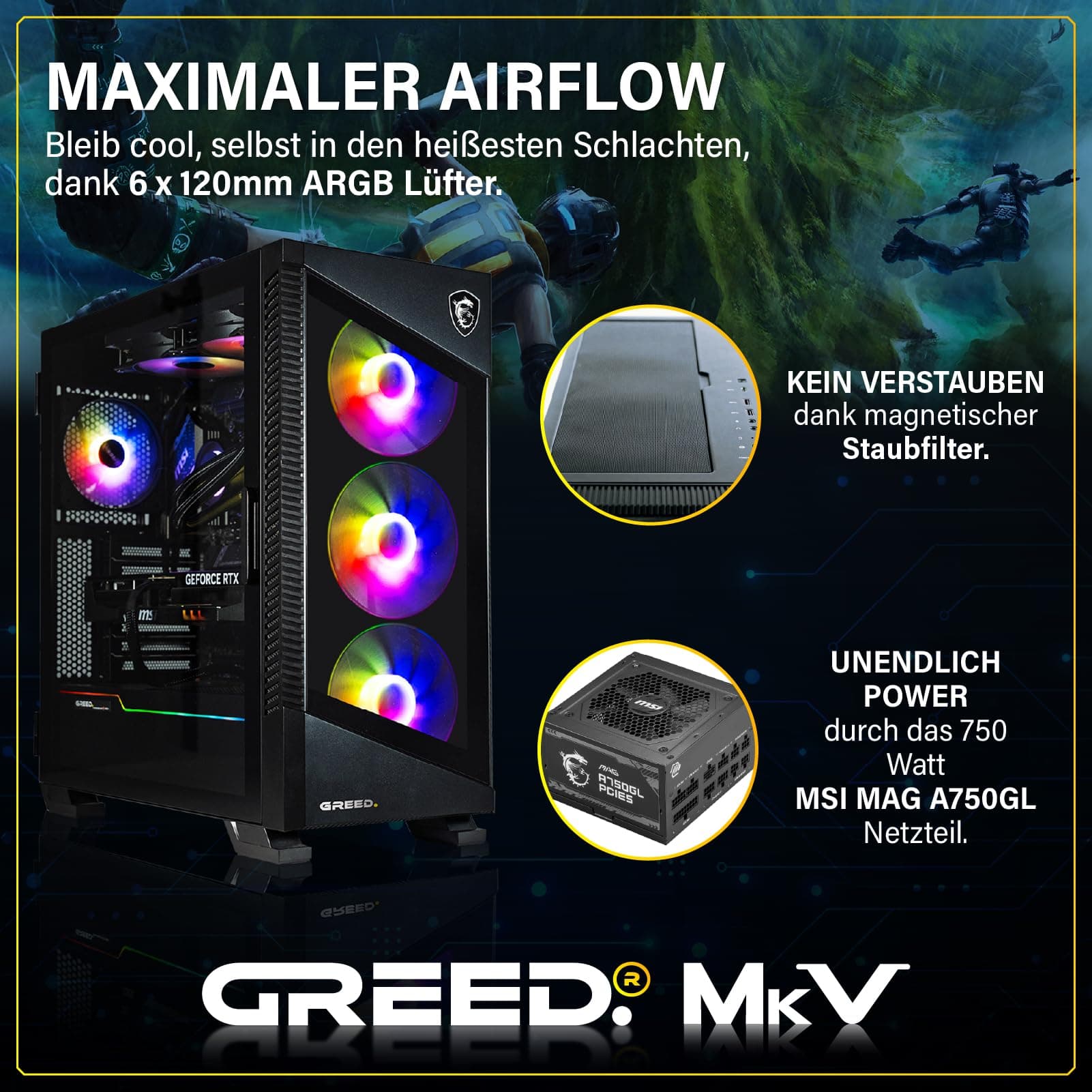 Greed® MK5 - High End Gaming PC - AMD Ryzen 5 9600X + Nvidia Geforce RTX 5070 12GB - Schneller RGB Computer + 4K Raytracing Rechner - 5,4 GHZ - 32 GB DDR5 RAM - 1TB SSD - WLAN + W11 Pro MK5 | 5070 AMD Bild 4