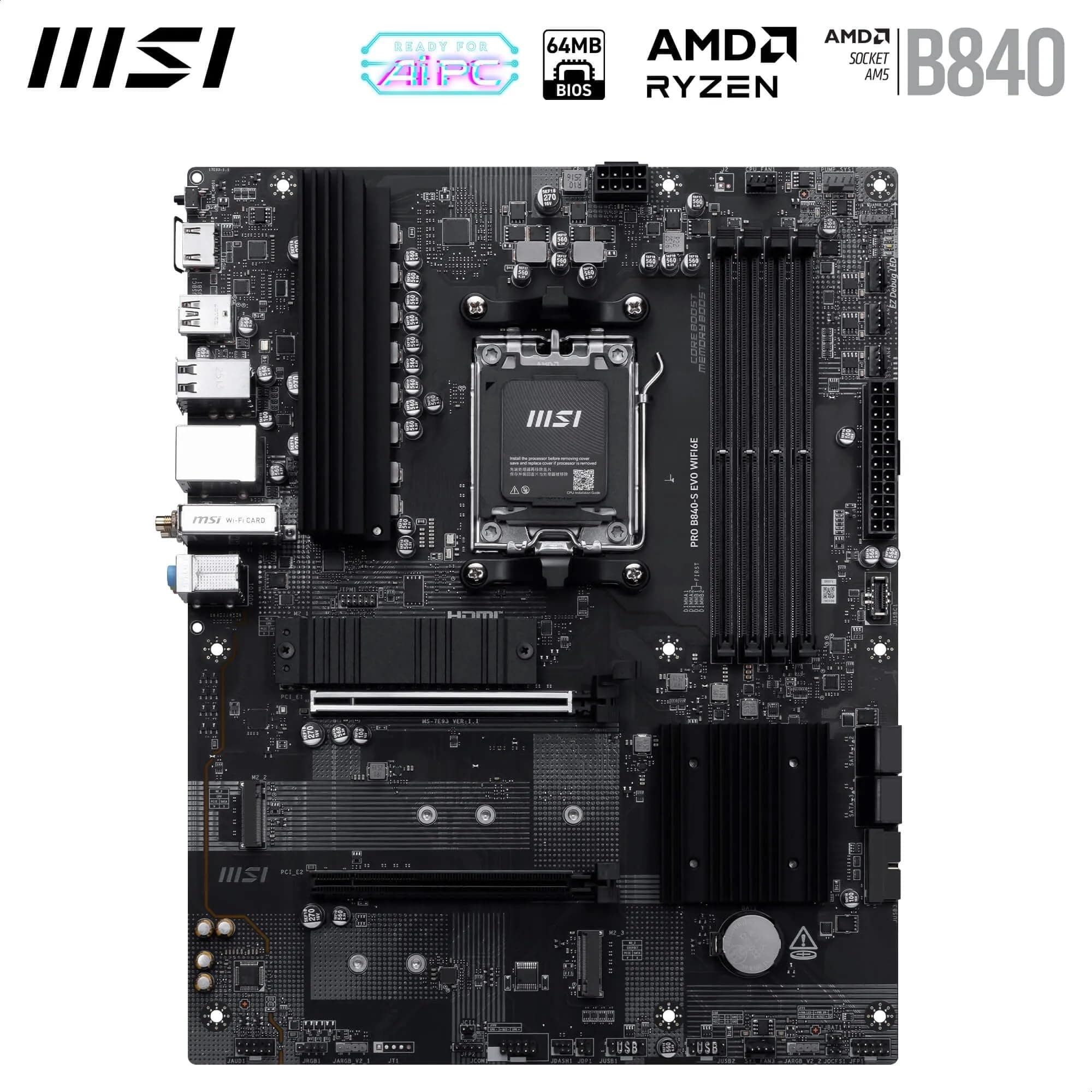 MSI PRO B840-S EVO WIFI6E Mainboard, ATX - Unterstützt AMD Ryzen 9000/8000 / 7000 Prozessoren, AM5 - DDR5 Memory Boost (bis zu 8000+ MT/s OC), PCIe 4.0 x16, M.2 Gen4, Wi-Fi 6E, 2.5G LAN Bild 3