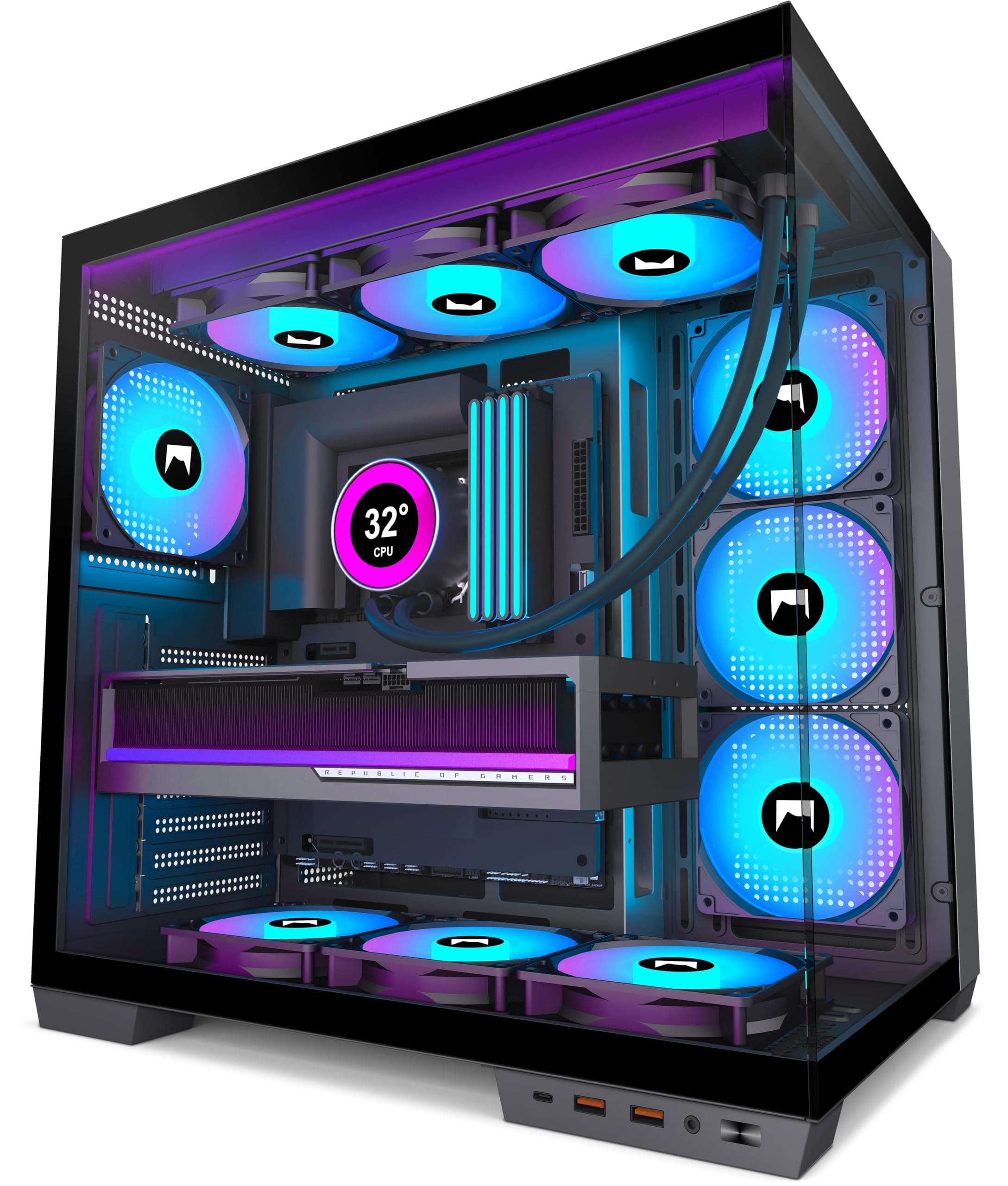 H1 ATX PC Gehäuse – Vorinstallierte 7 PWM ARGB Lüfter, Dual Kammer Mid Tower Gaming PC Gehäuse, mit Type-C, gleichzeitige Installation von 3X 360 mm Kühler (schwarz, H1) H1 schwarz