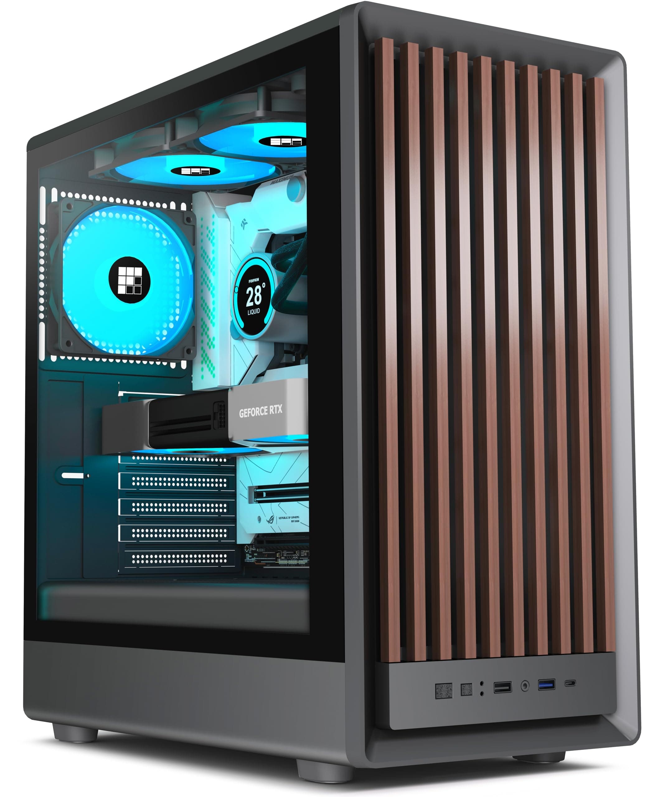 FOIFKIN M1 PC-Gehäuse ATX mit 4 PWM ARGB-Lüftern, Front aus Walnussholz,Computer Gehäuse Mid-Tower,Hoher Luftstrom,240mm Kühlerunterstützung,ATX-Gehäuse Schwarz,Gaming PC-Gehäuse,Type-C(Schwarz, M1) M1 Schwarz