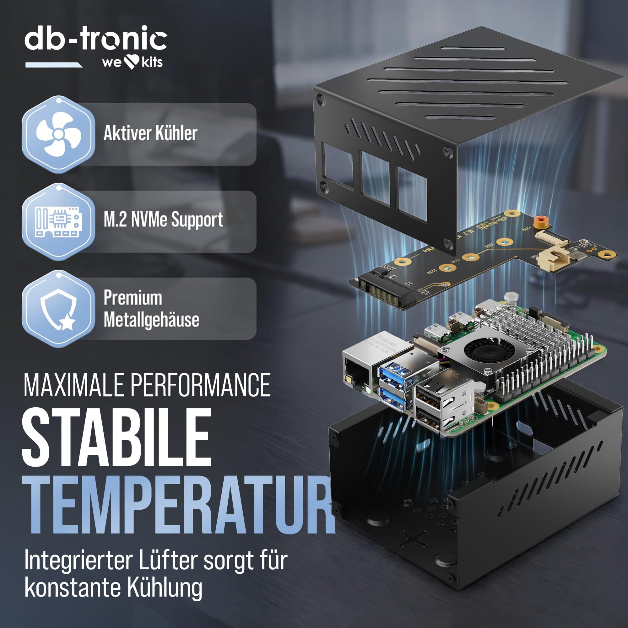 db-tronic Raspberry Pi 5 8GB PCIe M.2 NVMe Set | 64GB Edition | Netzteil 27W | Metallgehäuse | Active Cooler | M.2 NVMe SSD PCIe Board | Ideal für Smart Home, Retro Gaming & Home Assistant 8GB RAM Bild 6