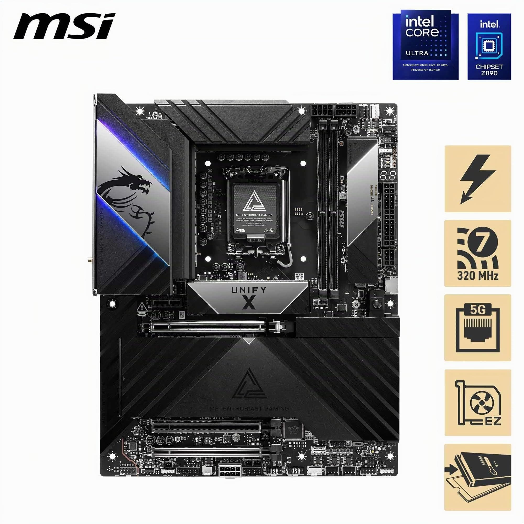 MSI MEG Z890 Unify-X Mainboard, ATX - Unterstützt Intel Core Ultra Prozessoren (Series 2), LGA 1851-110A SPS, DDR5 Speicher (9600+ MT/s OC), PCIe 5.0 & 4.0 x16, M.2 Gen5, Thunderbolt 4, Wi-Fi 7, 5G Bild 3