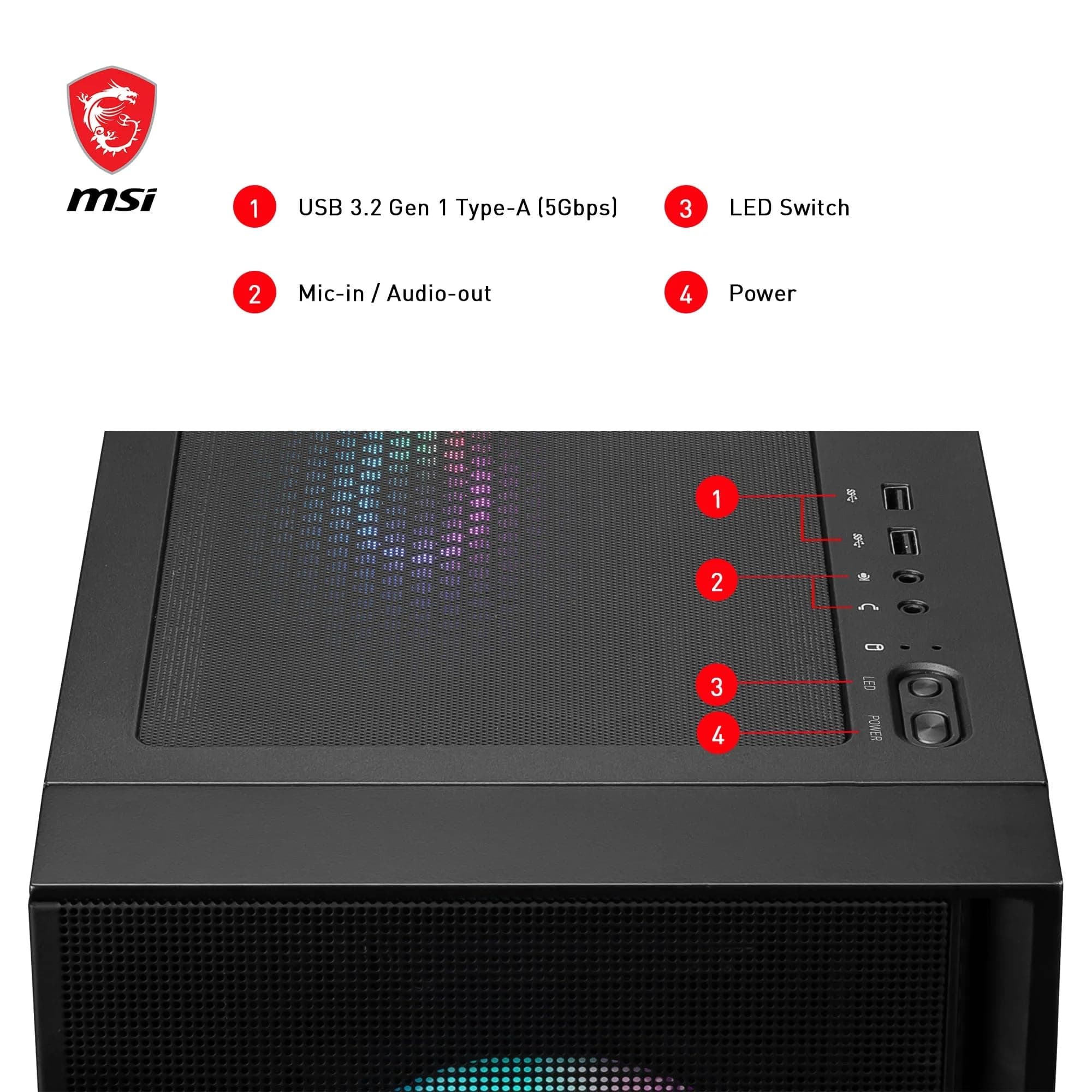 MSI MAG Forge 320R Airflow Mid-Tower PC-Gehäuse - ATX-Kapazität, RTX 40 GPU-Unterstützung, ARGB-Lüfter, magnetische Staubfilter, gehärtetes Glas, 1-6 ARGB-Steuerkarte, USB 3.2 Generation 1 Typ-A Bild 7