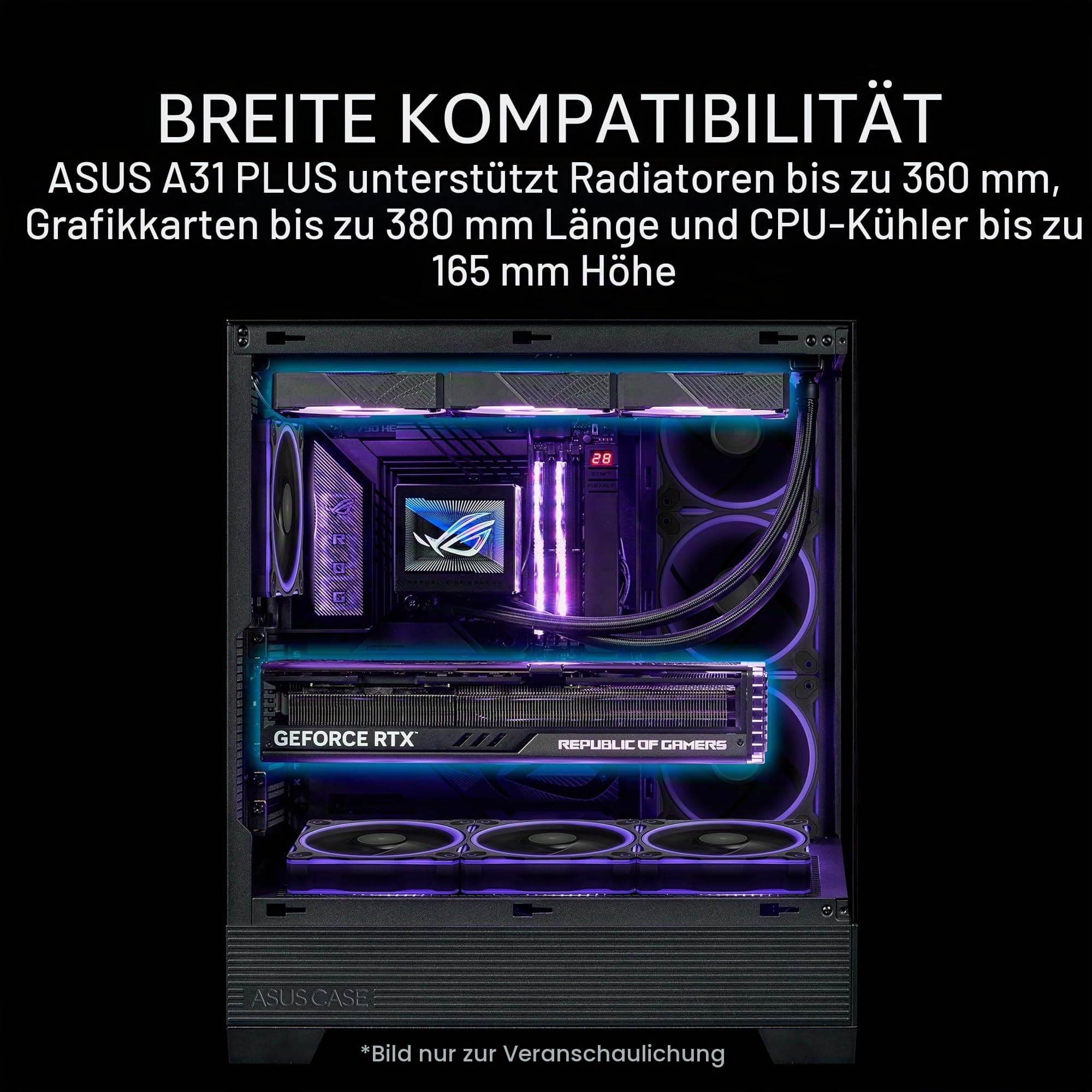 ASUS A31 Plus TG ARGB Black ATX PC Gehäuse (vorinstallierte ARGB-Lüfter, Frontpanel aus Glas, kompatibel mit Mainboards mit versteckten Anschlüssen, 360-mm-Radiatoren, 380-mm-Grafikkarten, schwarz) Bild 7