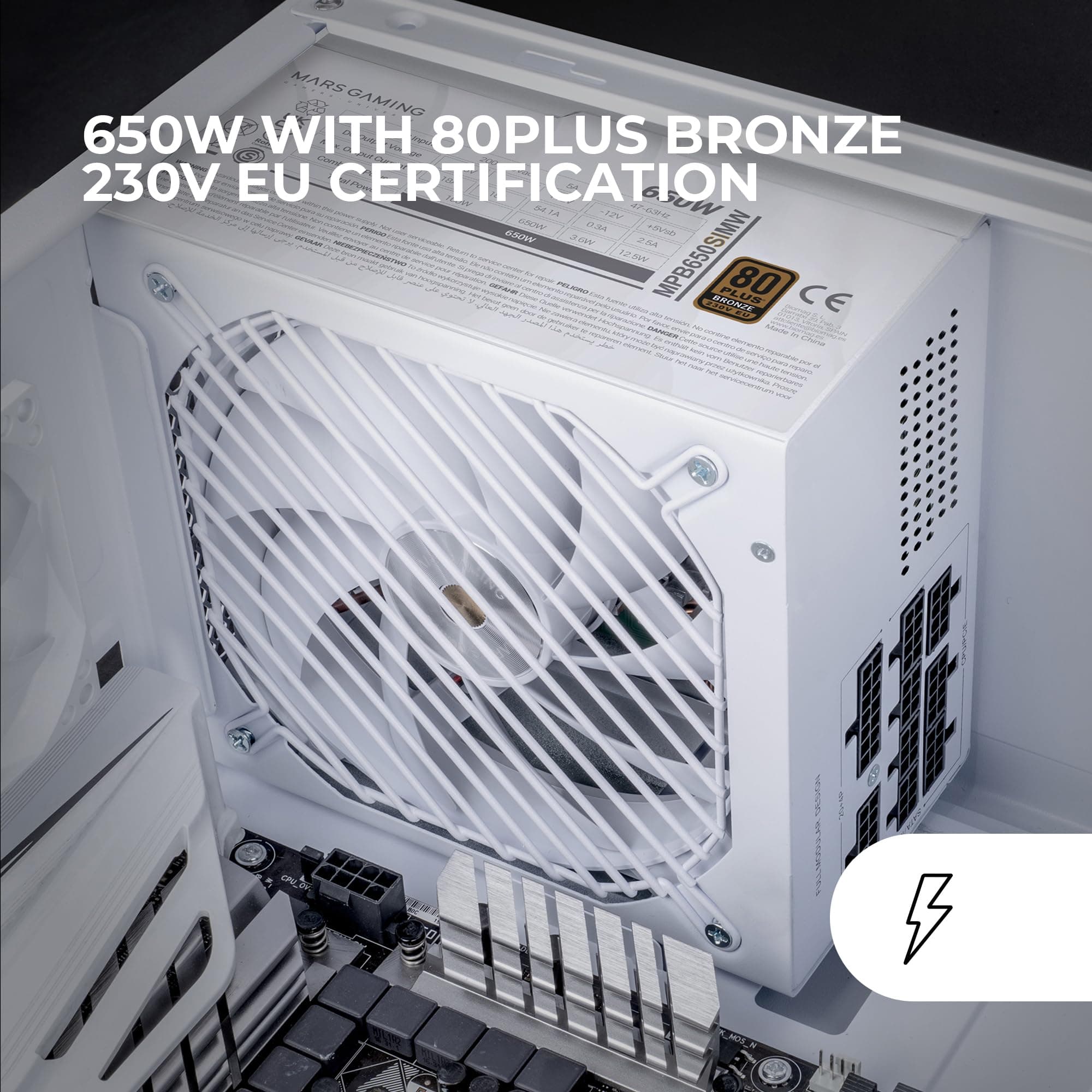 Mars Gaming MPB650SIM, Vollmodulares ATX 650W Netzteil, 7 Jahre Garantie, 80Plus Bronze 230V EU, SI 120mm Lüfter, AI2-RPM Technologie, DC-DC und SMD, Japanische Kondensatoren 105 °C, Weiß Bild 5