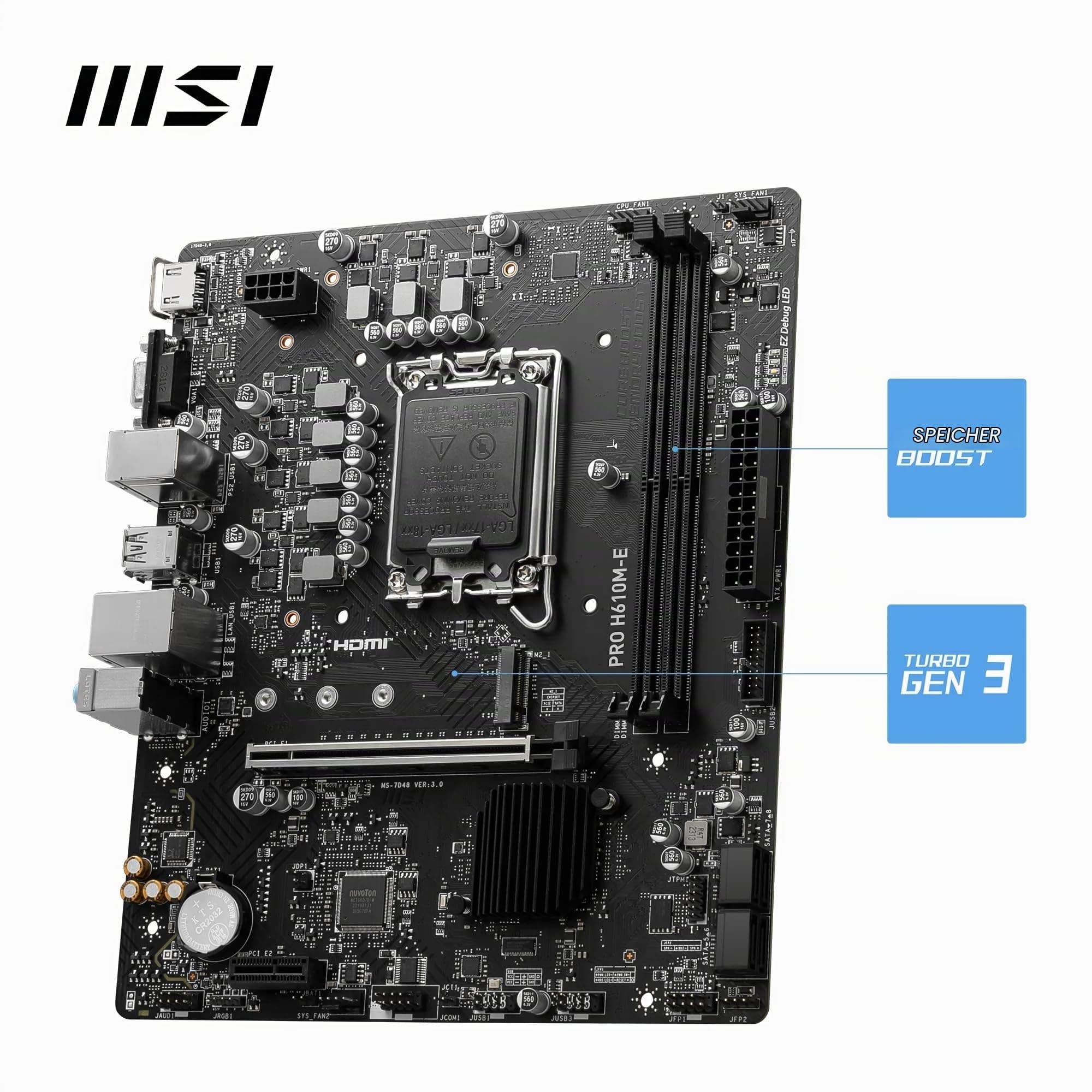 MSI PRO H610M-E Motherboard, Micro-ATX - Unterstützt Intel Core Prozessoren der 12. und 13. Generation, LGA 1700 - DDR5 Memory Boost 5600MHz/MAX, PCIe 4.0 x16 Slot, M.2 Gen3 Slot Bild 5