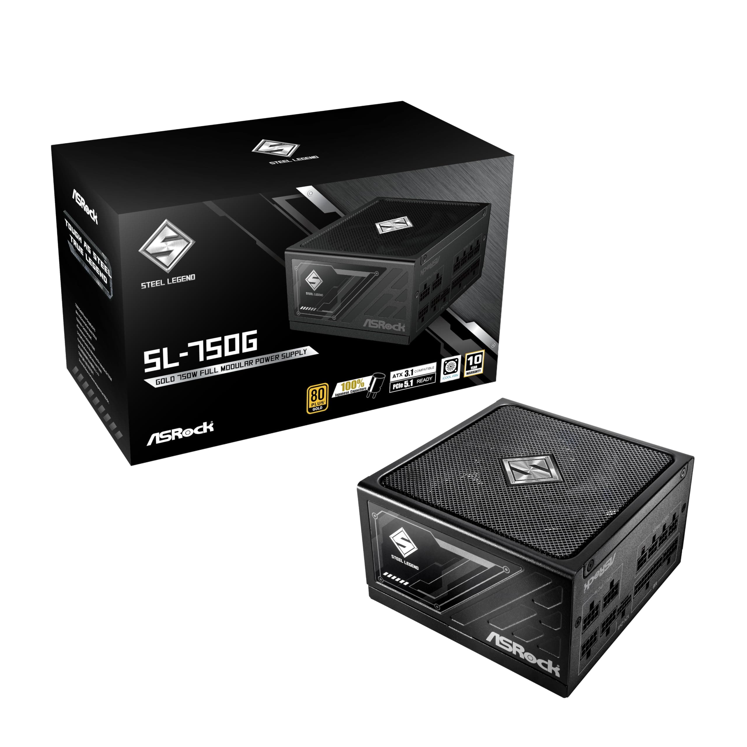 ASRock Steel Legend SL-750G 750W Power Supply ATX3.1 iCOOL Full Modular 10 Years Warranty 135 mm FDB Fan 80 Plus Gold Cybenetics Platinum PCIe5.1 12V-2x6 Cable Japanese Capacitor 5V Boost