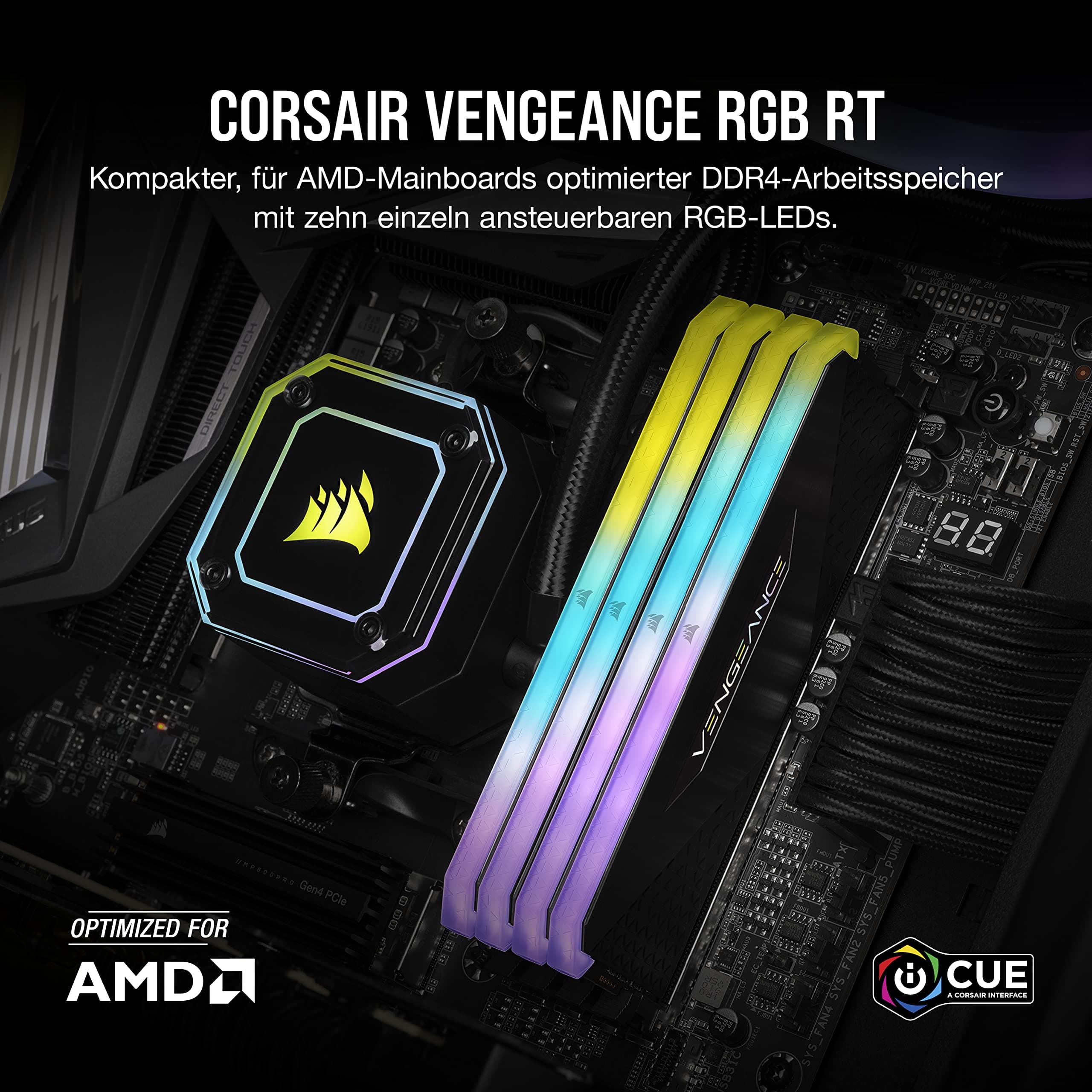 Corsair Vengeance RGB RT 16GB (2x8GB) DDR4 Bis zu 3200MHz C16 Arbeitsspeicher (Dynamische RGB-Beleuchtung, Optimiert für AMD 300/400/500 Series, Kompatibilität mit Intel 300/400/500 Series) Schwarz 2 x 8GB Bild 3