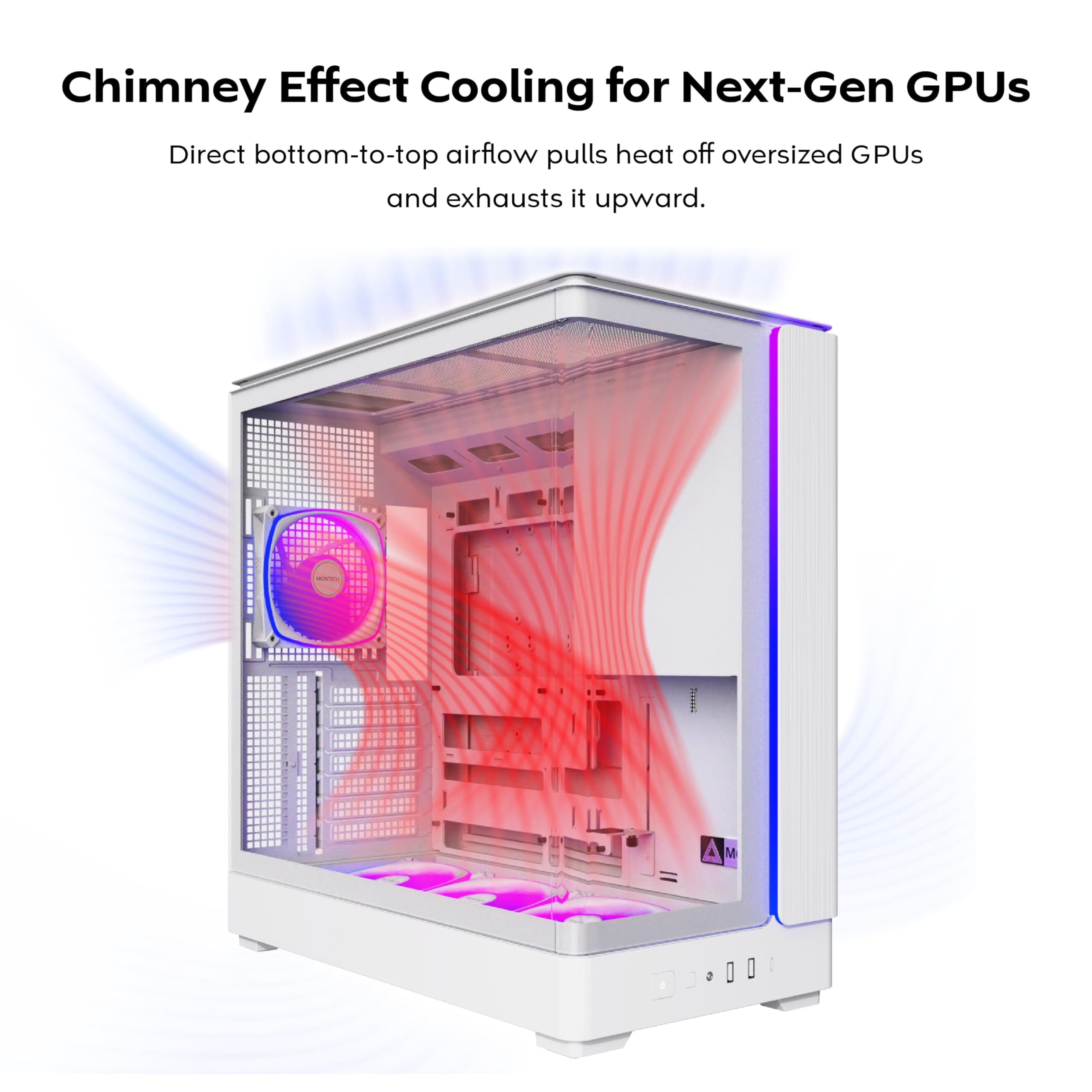 MONTECH King 45 ATX PC-Gehäuse, gebogenes Panorama-Glas, Luftstromkühlung, Doppelkammer-Design, 360-mm-Kühlerunterstützung, kompakte Bauweise für GPU der nächsten Generation und Hochleistungs-Systeme Bild 3