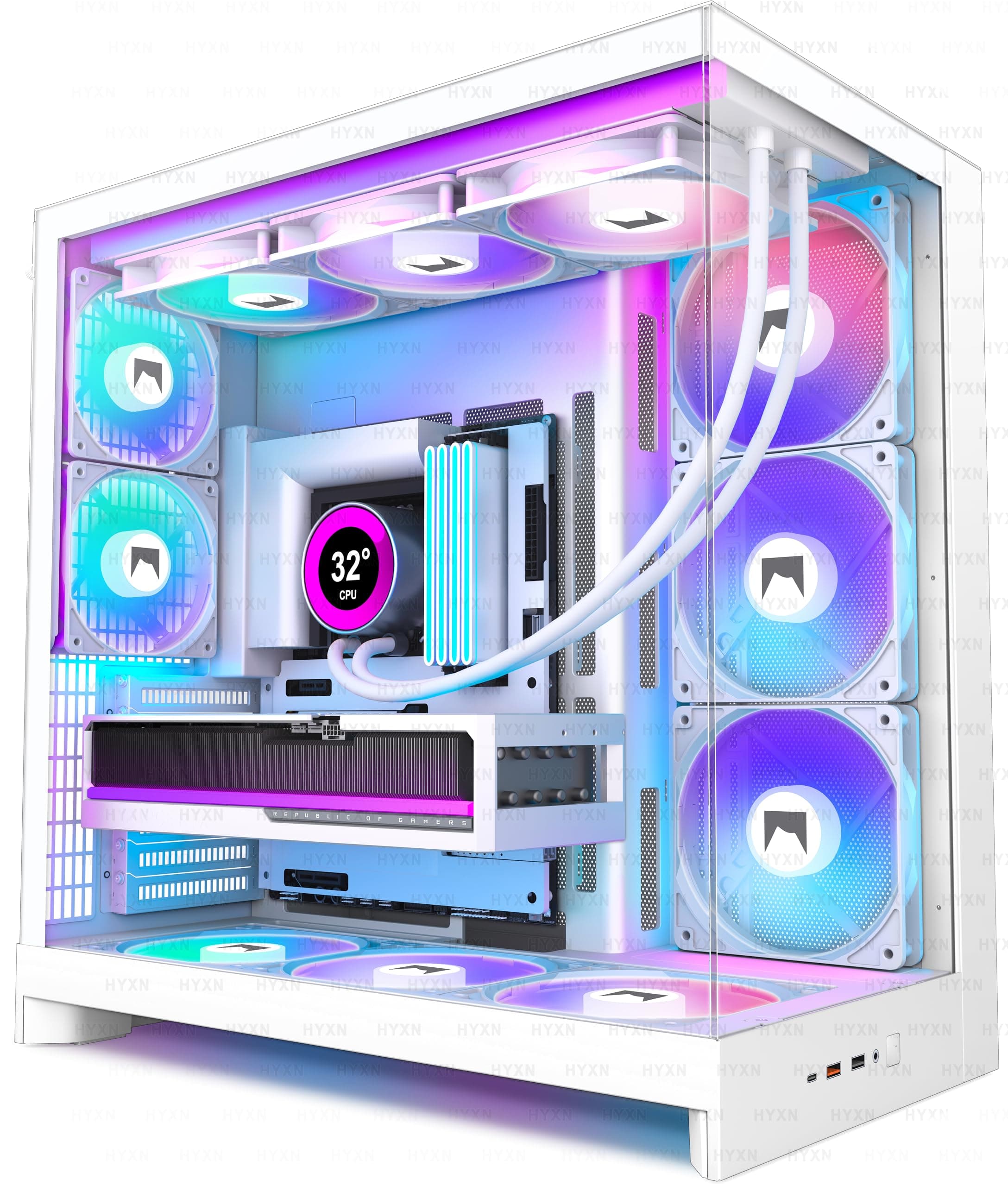 H2(2026) HYXN PC Gehäuse ATX mit 8 Lüfter(6X140 und 2X120) Groß Dual Kammer Mid-Tower Computer Gehäuse Airflow Gaming PC-Gehäuse,Unterstützt 420mm-Wasserkühler,Gaming Gehäuse (Weiß, H2) Weiß H2