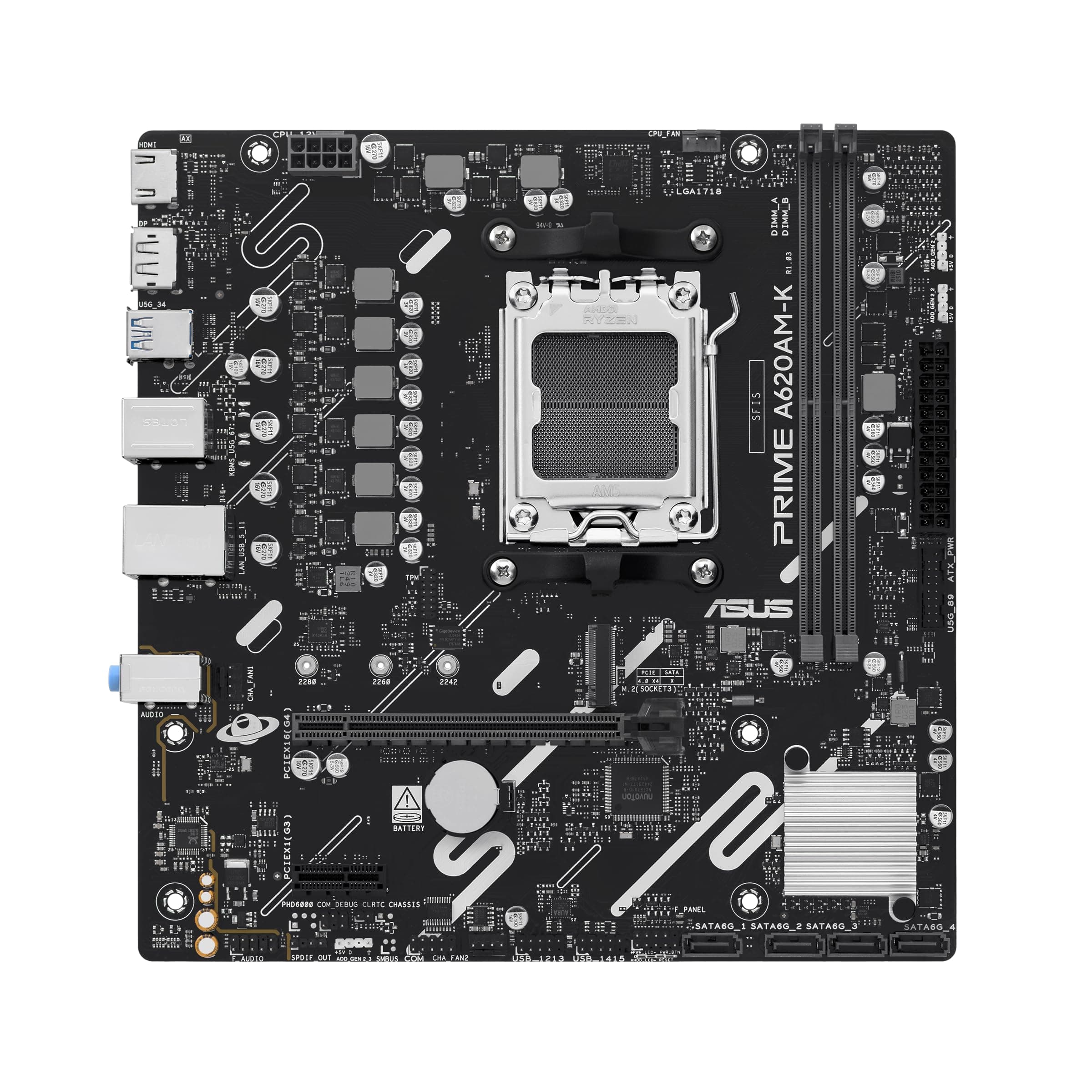 ASUS Prime A620AM-K mATX-Mainboard (DDR5, PCIe 4.0 x16 und PCIe 4.0 M.2-Unterstützung, Realtek 1-Gb-Ethernet, DisplayPort, HDMI™, USB 5 Gbit/s Typ A hinten und vorne, SATA 6 Gbit/s, Aura Sync) AM-K Prime A620