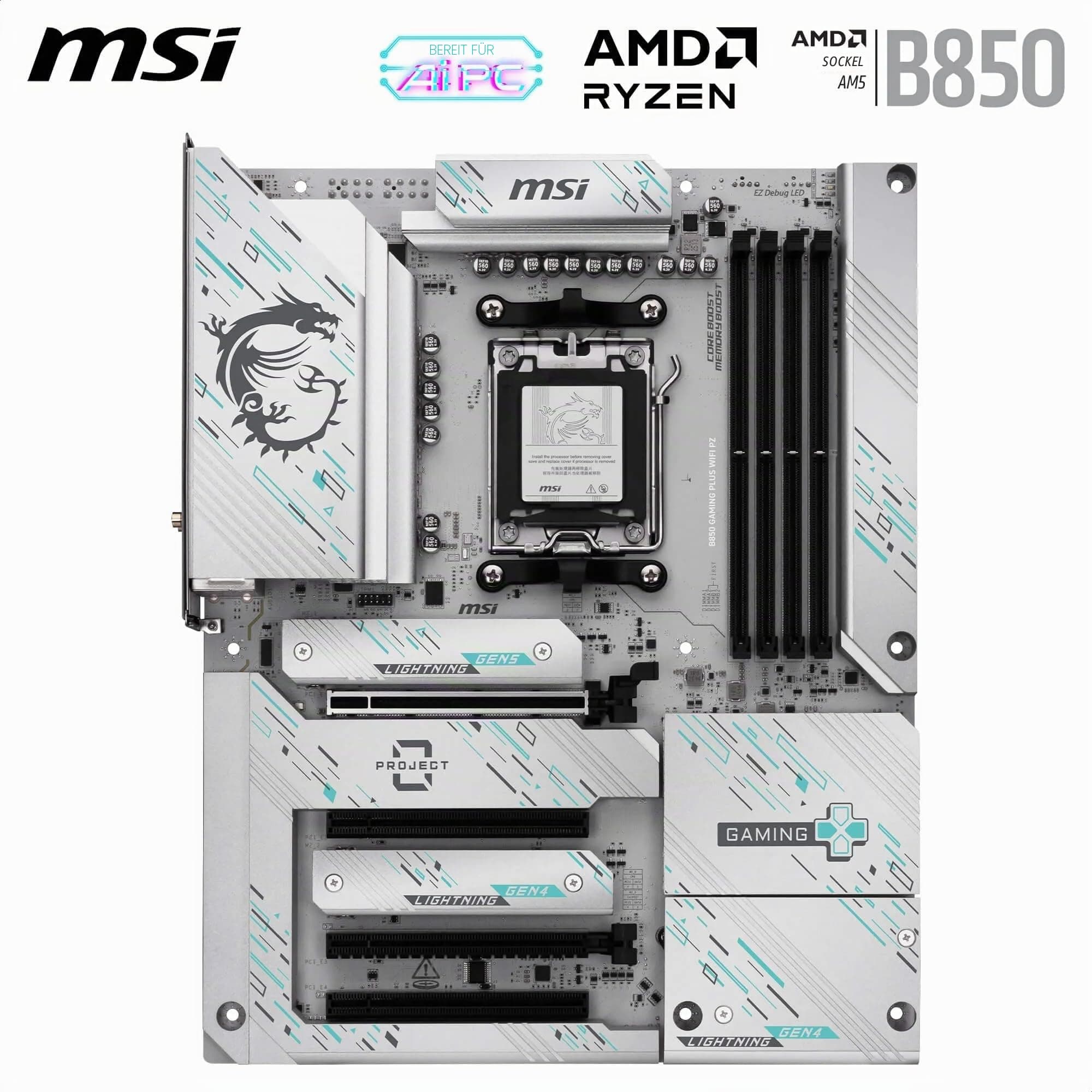 MSI B850 Gaming Plus WiFi PZ Motherboard, ATX - Unterstützt AMD Ryzen 9000/8000/7000 Prozessoren, AM5 - DDR5 Memory Boost 8200+ MT/s (OC), PCIe 5.0 x16, M.2 Gen5, Wi-Fi 7, 5G LAN Bild 3
