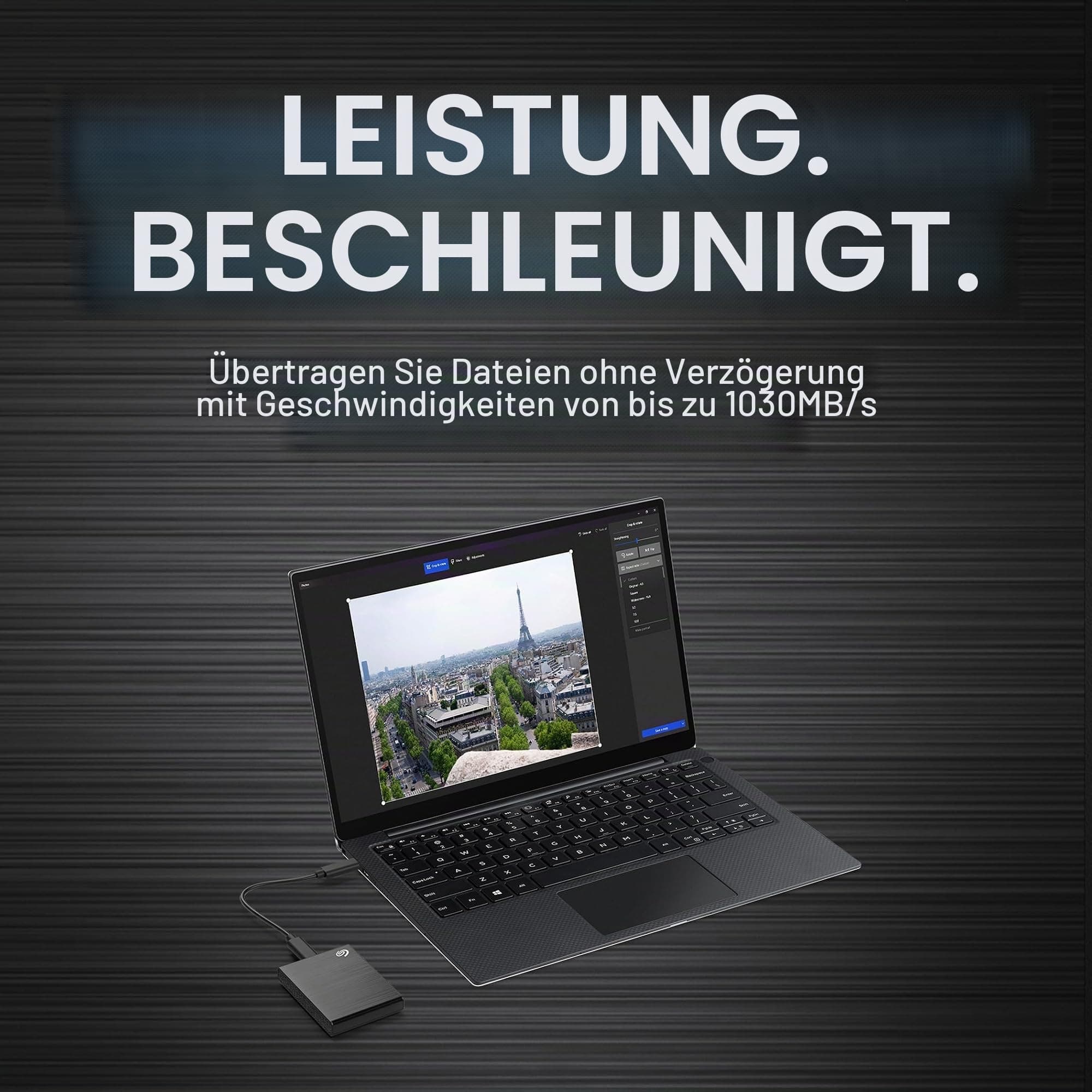 Seagate One Touch SSD 1TB, bis zu 1.030 MB/s, Android-App, Mylio Create 1 Jahr, Adobe Creative Cloud Foto-Abo 4 Monate, inkl. 3 Jahre Rescue Service, Schwarz, Modellnr. STKG1000400 1TB Schwarz Aluminium Bild 5