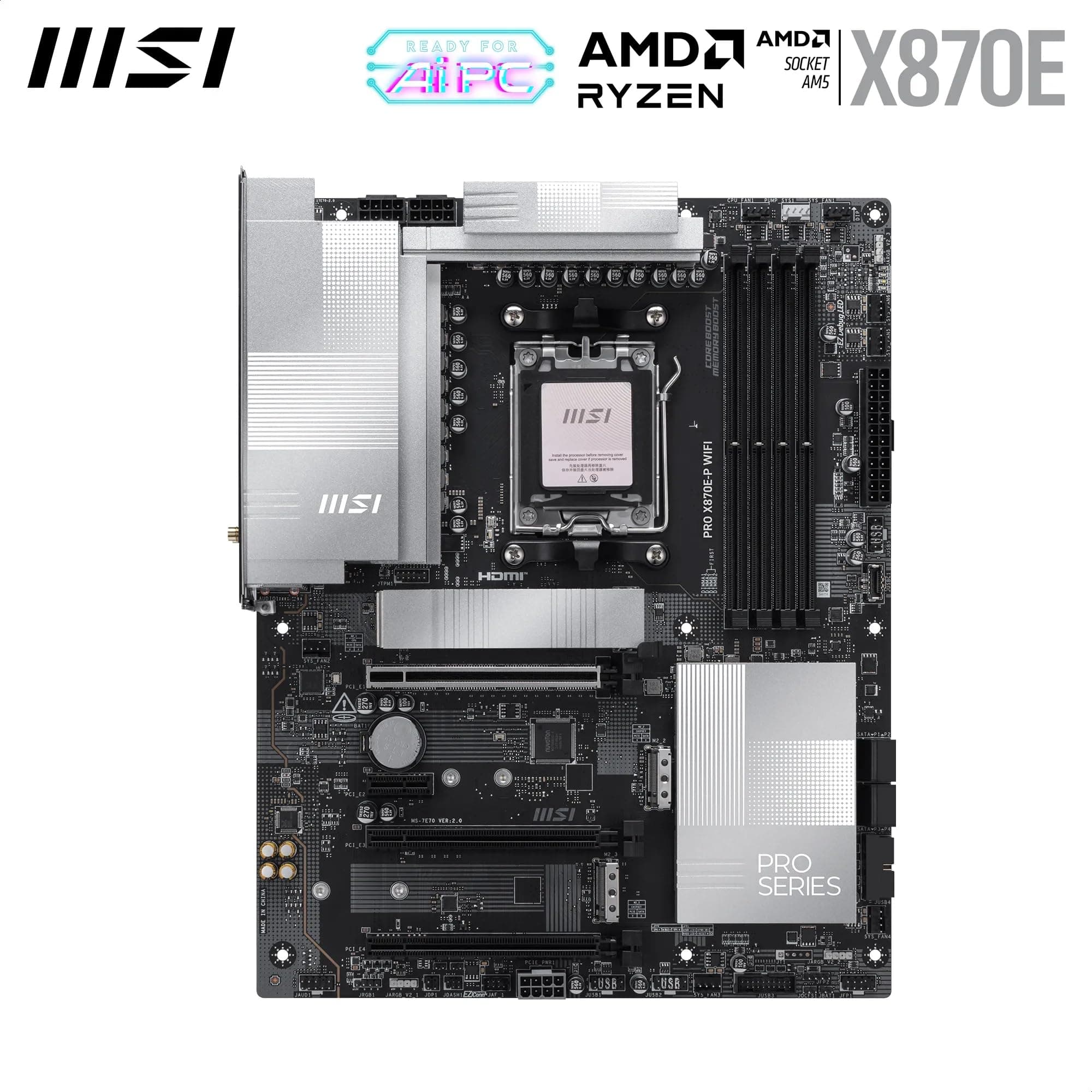 MSI PRO X870E-P WiFi Mainboard, ATX - Unterstützt AMD Ryzen 9000/8000 / 7000 Prozessoren, AM5-60A SPS VRM, DDR5 Memory Boost (8200+ MT/s OC), PCIe 5.0 x16 & 4.0 x16, M.2 Gen5, Wi-Fi 7, 5G LAN Bild 3