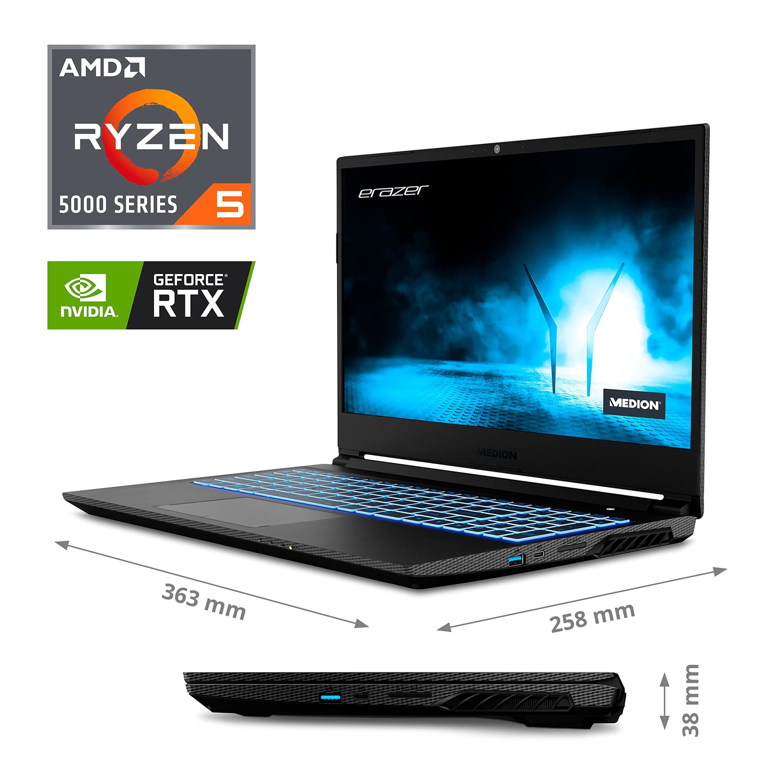 MEDION ERAZER Crawler E25 39,6 cm (15,6 Zoll) Full HD Gaming Notebook (AMD Ryzen 5 5600H, 16GB DDR4 RAM, 512GB PCIe SSD, NVIDIA GeForce RTX 3050 4GB GDDR6, RGB Backlit, Win 11 Home) Bild 2