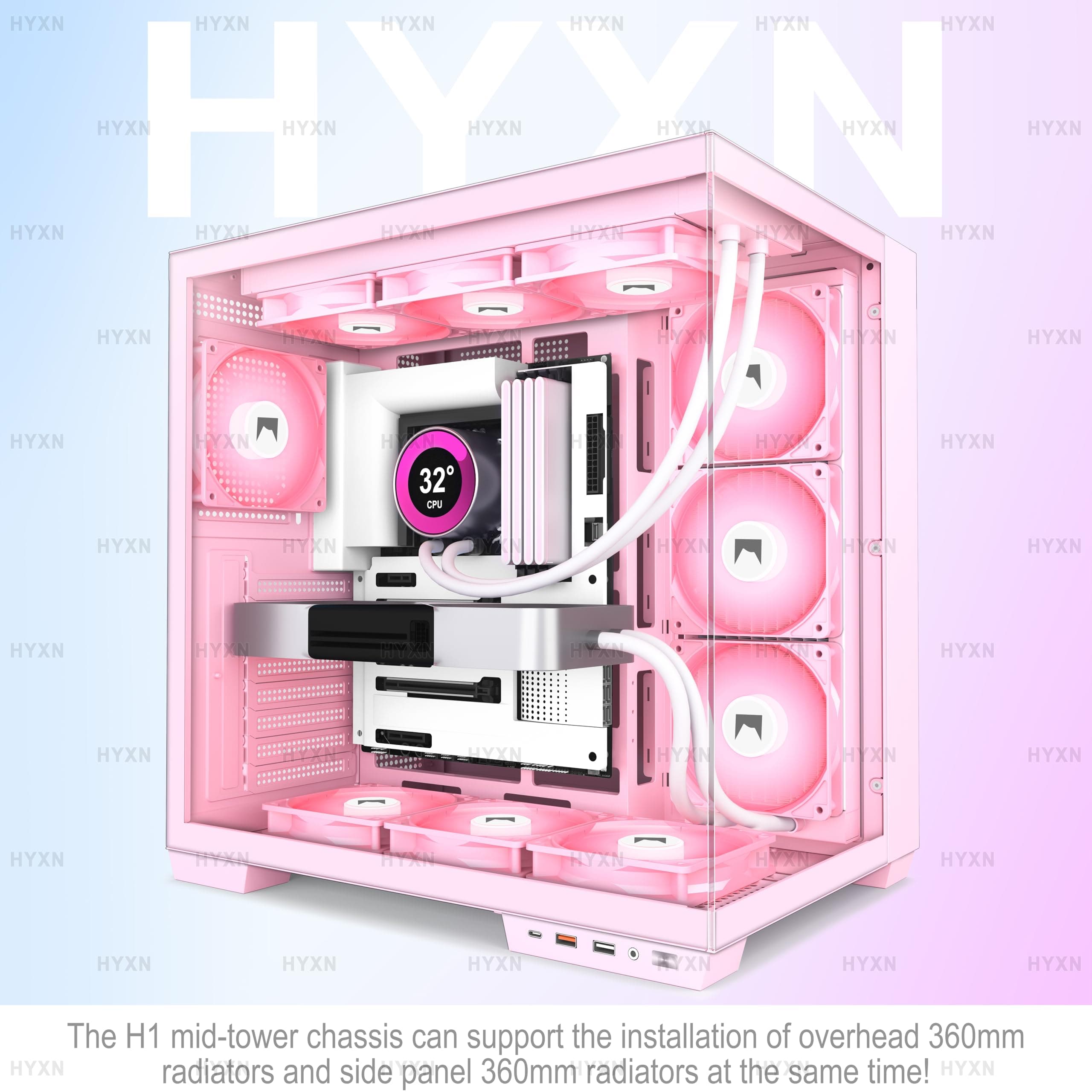 H1 ATX PC Gehäuse – Vorinstallierte 7 PWM ARGB Lüfter, Dual Kammer Mid Tower Gaming PC Gehäuse, mit Type-C, gleichzeitige Installation von 3X 360 mm Kühler (weiß, H1) H1 weiß Bild 4