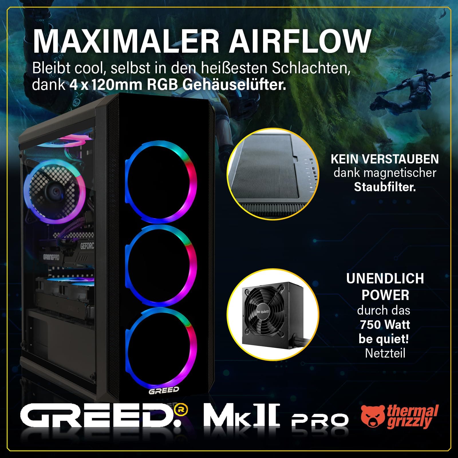 Greed® MK2 Pro - High End Gaming PC - AMD Ryzen 7 5700X + Nvidia Geforce RTX 5070 12 GB - Schneller RGB Computer + 4K Rechner mit 4,6 GHZ - 16 GB DDR4 RAM - Wasserkühlung - 1TB SSD - WLAN + W11 Pro MK2 PRO | RTX 5070 AMD 16GB Bild 4
