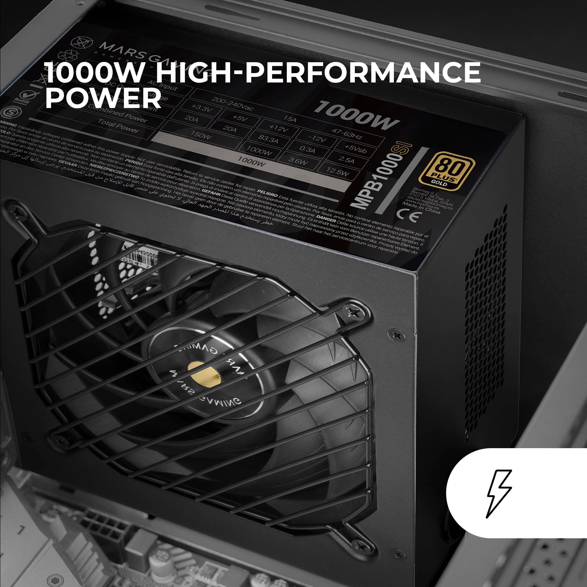 Mars Gaming MPB1000SI, PC ATX Netzteil 1000W, 7 Jahre Garantie, 80Plus Gold 90%, SI Extreme Silence Lüfter mit Kupfer- und Aluminiumkern, AI2-RPM-, DC-DC- und SMD-Technologien, Schwarz Bild 3