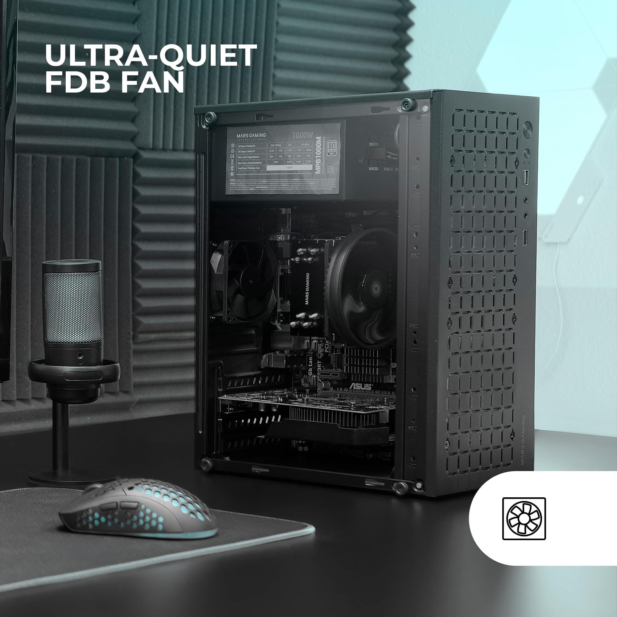 Mars Gaming MC-1000, Kompaktes MicroATX-Gehäuse, Metall-Mesh-Frontdesign, Volles Seitenfenster, 1x Ultra-Silent FDB 80mm Lüfter, Schwarz Bild 5