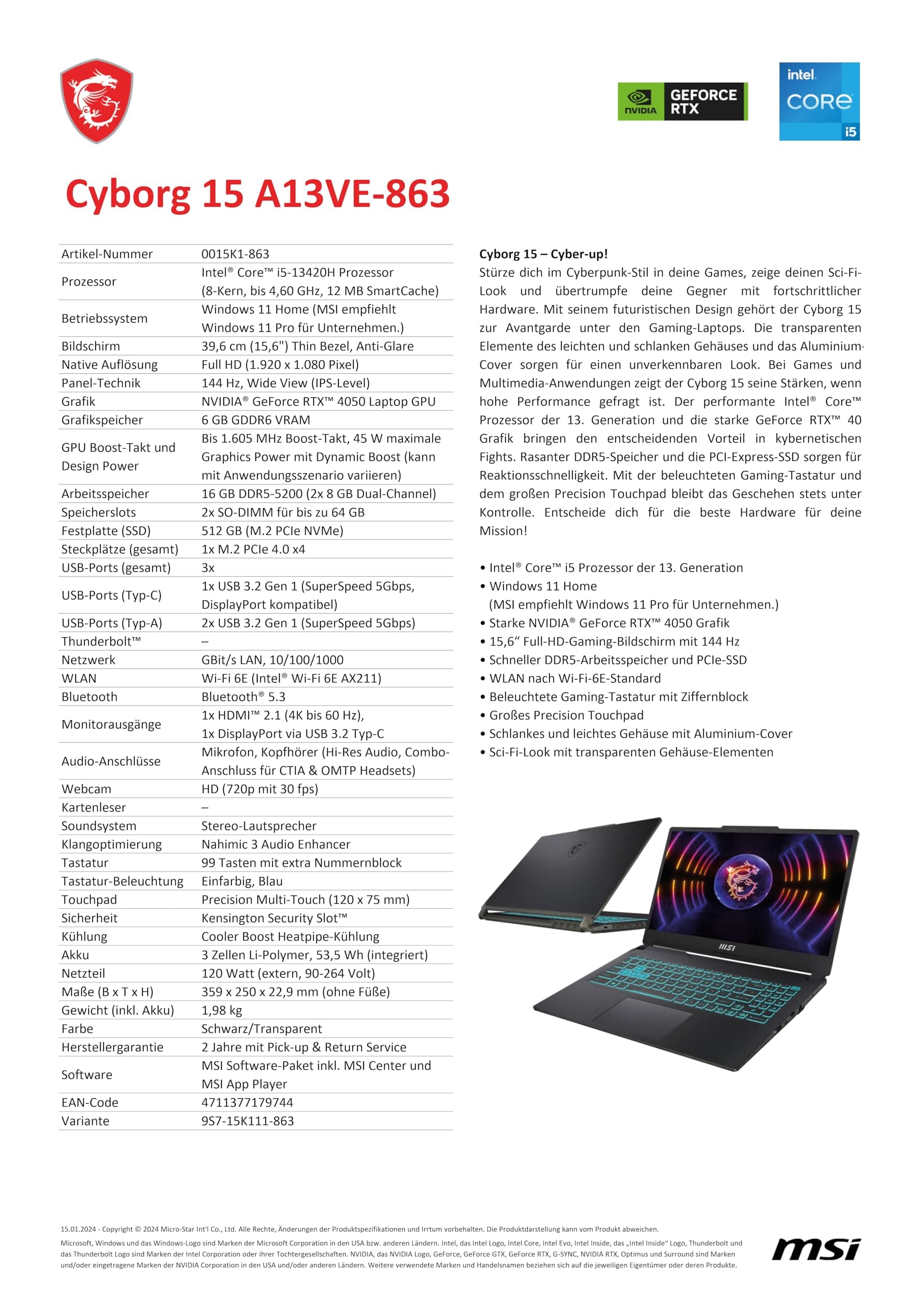 MSI Cyborg 15 Gaming Laptop, 15,6" Full HD 144Hz, Intel Core i5-13420H, NVIDIA GeForce RTX 4050, 16GB DDR5, 512GB SSD, Windows 11 Home, QWERTZ Tastatur, A13VE-863, Schwarz/transparent Intel Core i5-13420H RTX 4050 6GB Bild 5