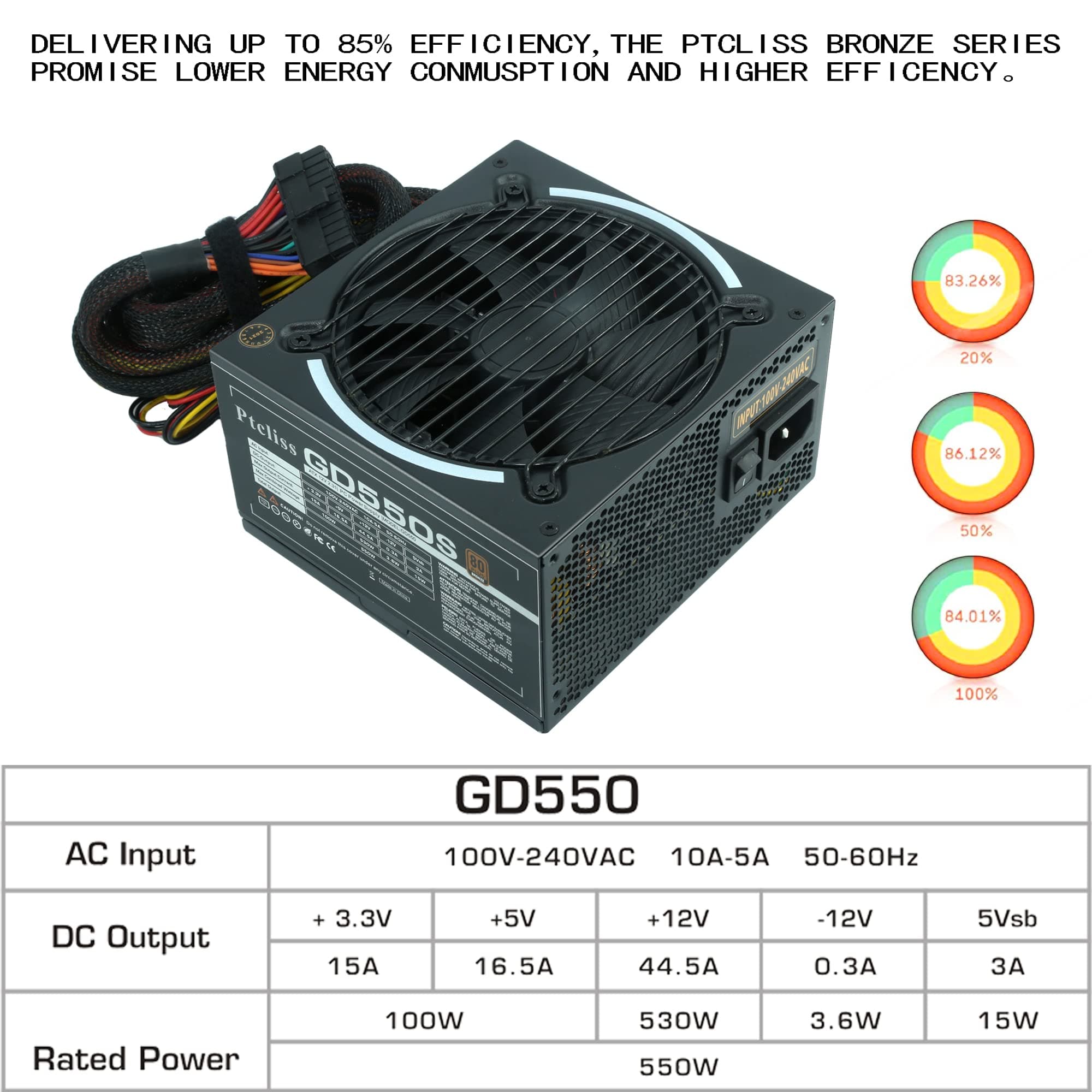 550 W GD550S ATX Gaming PC Power Supply 80+ Bronze PSU Nicht-modulares Netzteil flache schwarze Kabel Bild 3