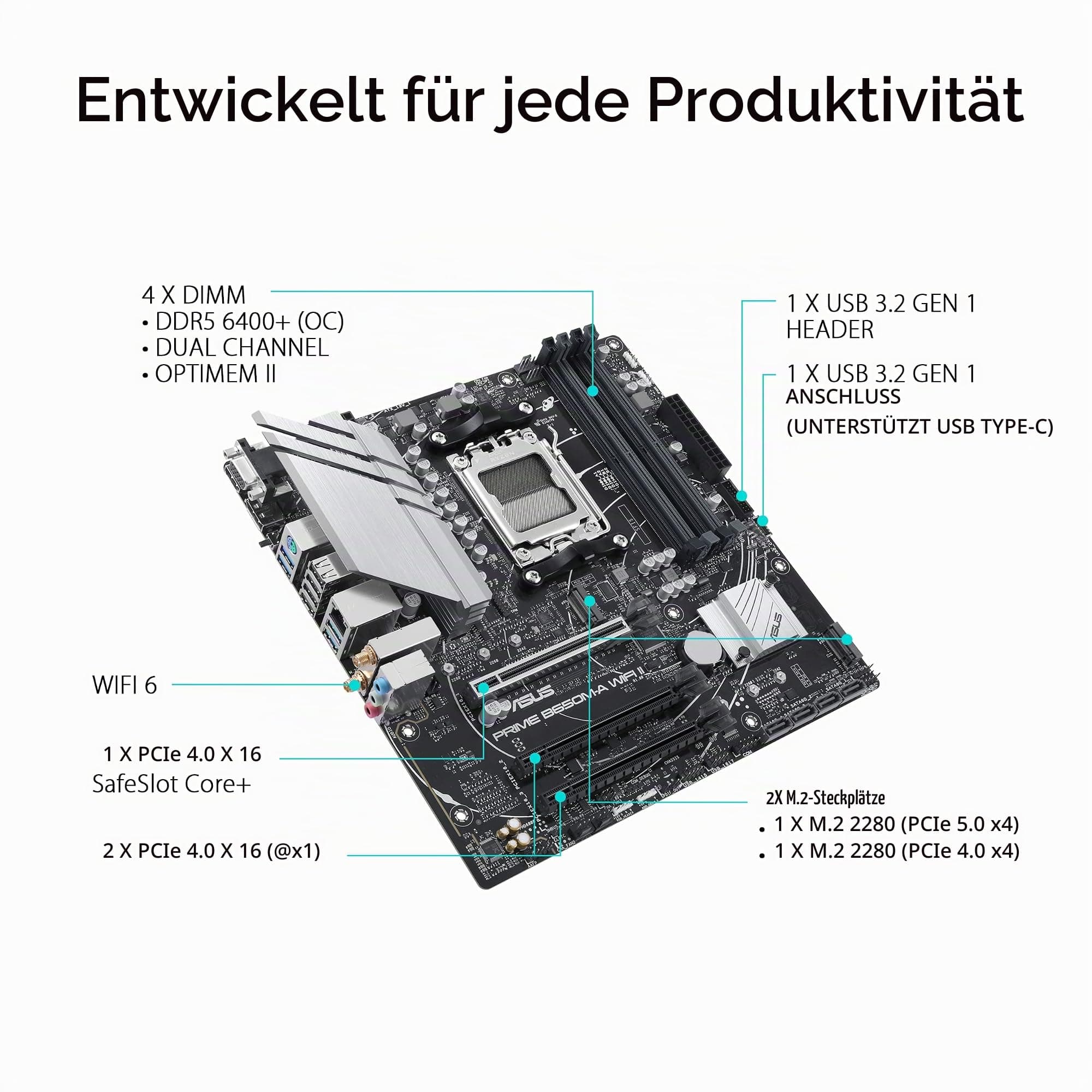 ASUS Prime B650M-A WiFi II Gaming Mainboard Sockel AMD AM5 (Ryzen, mATX, DDR5 Speicher, PCIe 5.0, 2.5GB Ethernet, WiFi 6, DisplayPort, HDMI, VGA, USB 3.2, Aura Sync) Bild 5
