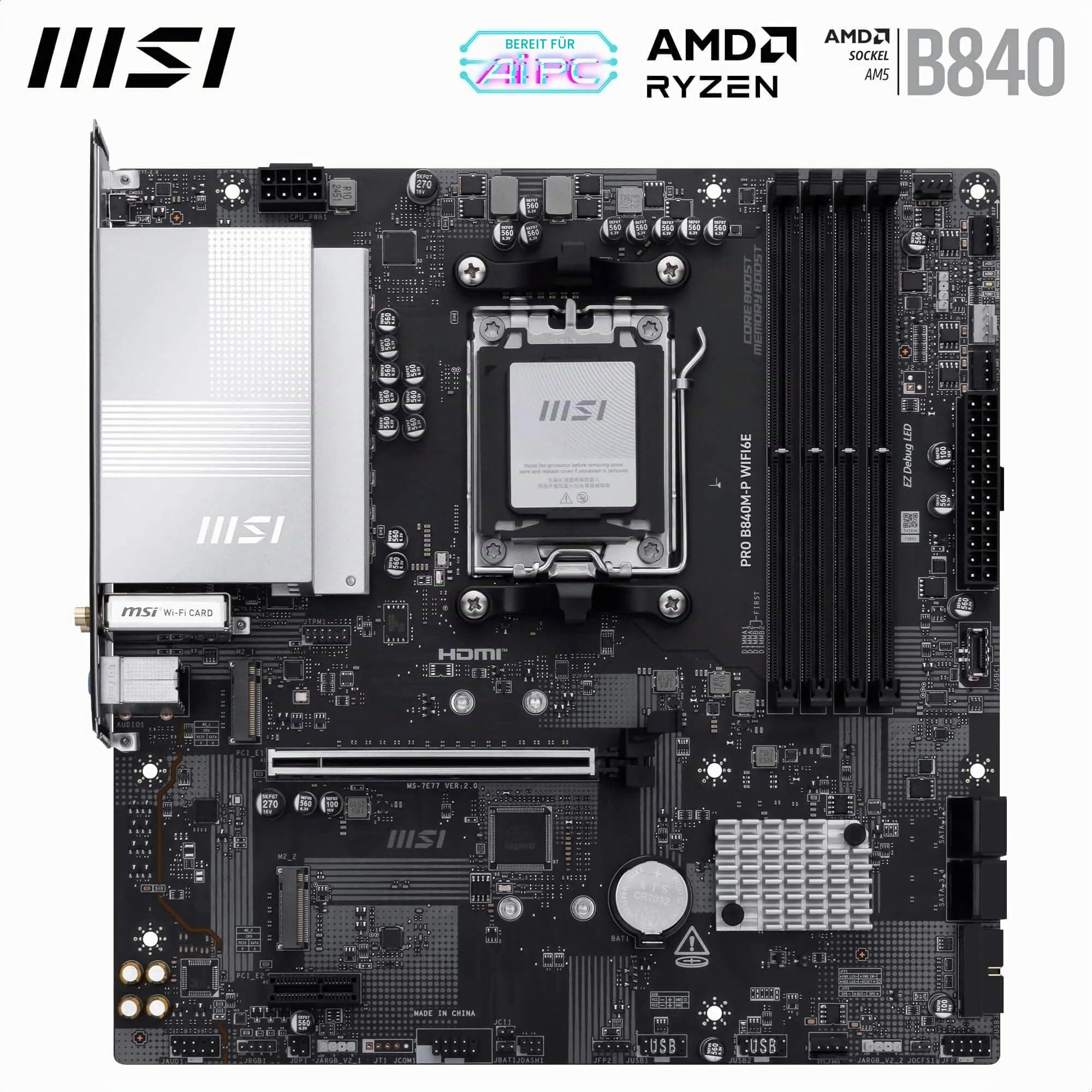 MSI PRO B840M-P WIFI6E Mainboard, mATX - Unterstützt AMD Ryzen 9000/8000 / 7000 Prozessoren, AM5 - DDR5 Memory Boost (8000+ MT/s OC), PCIe 4.0 x16, M.2 Gen4, Wi-Fi 6E, 2.5G LAN Bild 3