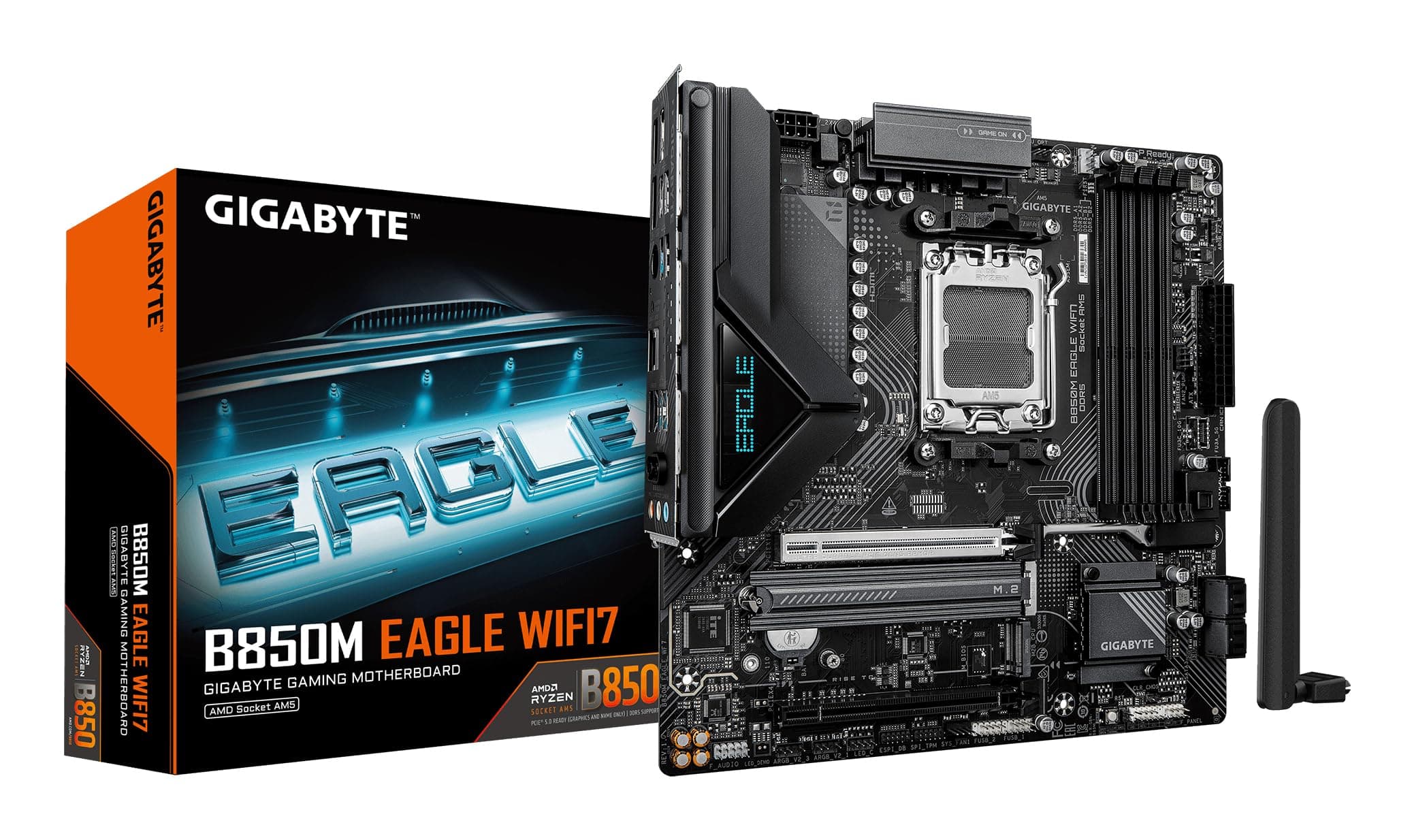 GIGABYTE B850M Eagle WIFI7 Mainboard – AMD Ryzen 9000 Series CPUs, digitales 8+2+2-Phasen-VRM, bis zu 8200 MHz DDR5 (O.C.), 1× PCIe-5.0-M.2 + 1× PCIe-4.0-M.2, Wi-Fi 7, 2.5-GbE-LAN, USB 3.2 Gen 2 Bild 2