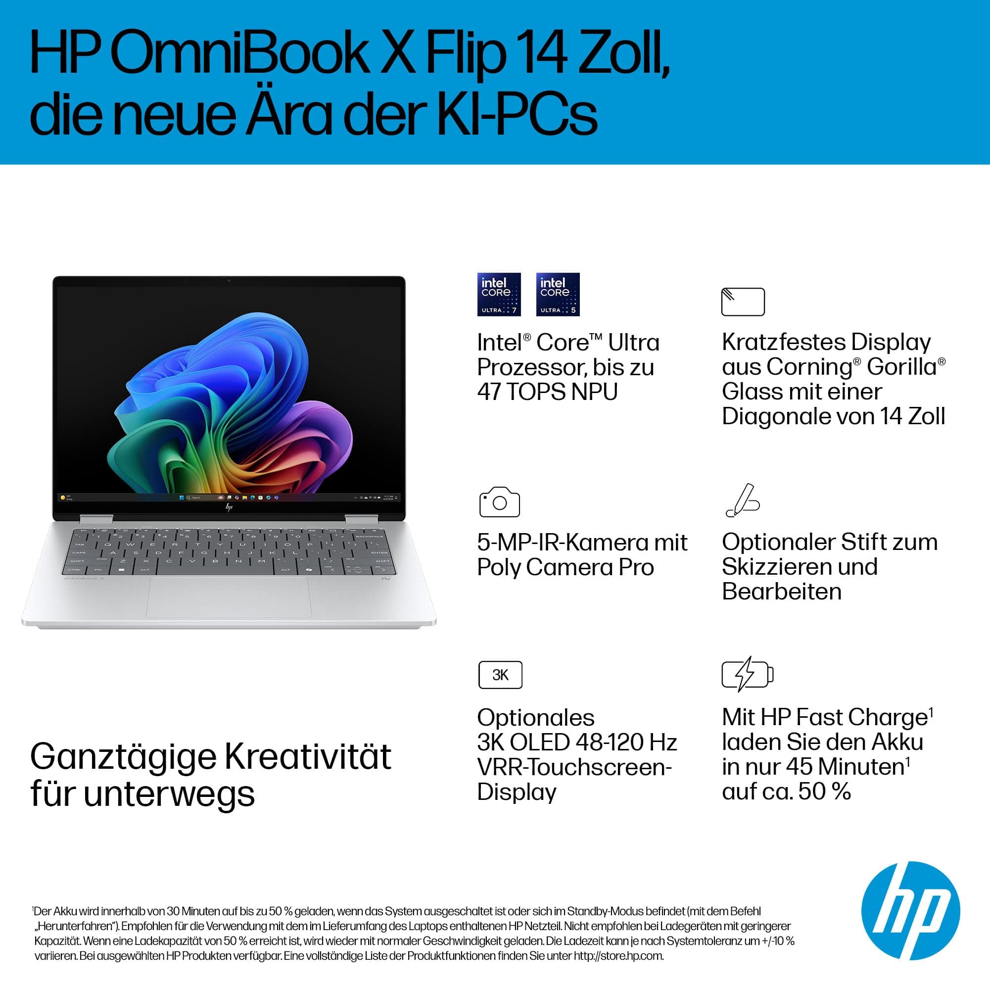 HP OmniBook X Flip 2-in-1 Laptop (14 Zoll 3K OLED Touchscreen, Intel Core Ultra 7, Copilot+ PC, 16GB RAM, 1TB, Win11, QWERTZ) - Silberr Intel Core Ultra 7 256V Intel Arc 140V GPU Bild 2