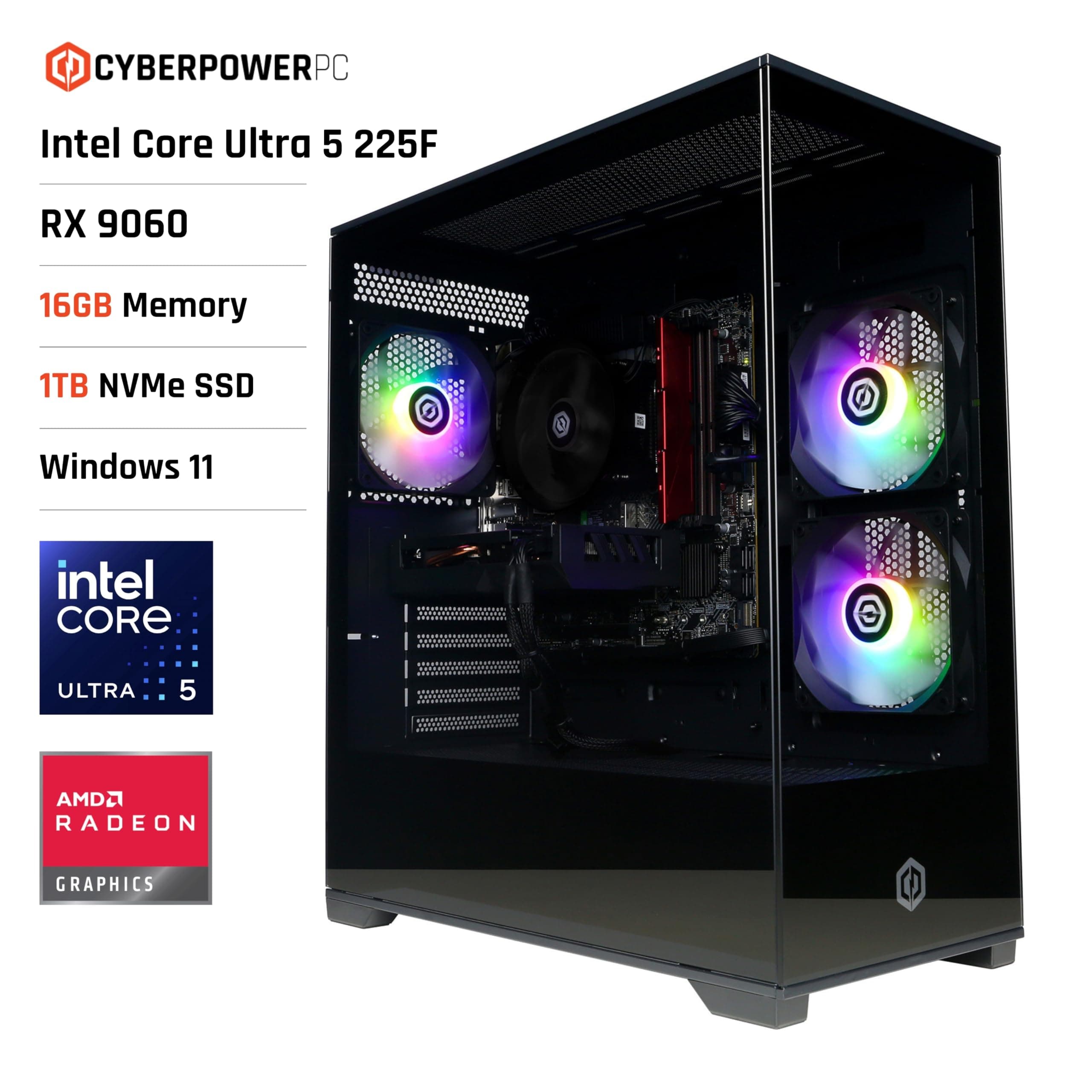 CYBERPOWERPC Wyvern Gaming PC - Intel Core Ultra 5 225F, AMD RX 9060, 16GB RAM, 1TB NVMe SSD, 650W PSU, Wi-Fi, Windows 11, Prism Panoramic Black Intel Core Ultra 5 225F AMD RX 9060 Bild 2