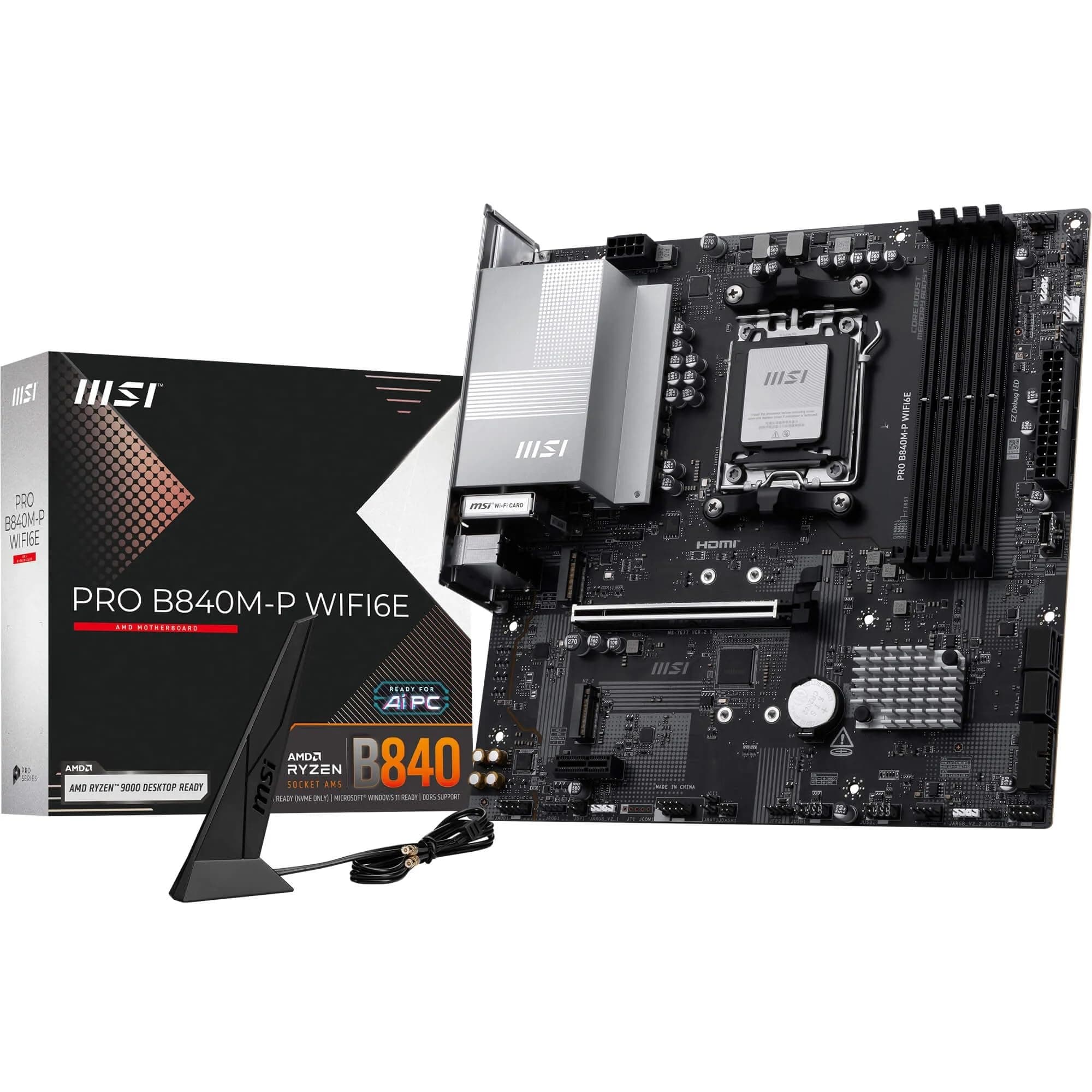 MSI PRO B840M-P WIFI6E Mainboard, mATX - Unterstützt AMD Ryzen 9000/8000 / 7000 Prozessoren, AM5 - DDR5 Memory Boost (8000+ MT/s OC), PCIe 4.0 x16, M.2 Gen4, Wi-Fi 6E, 2.5G LAN Bild 2