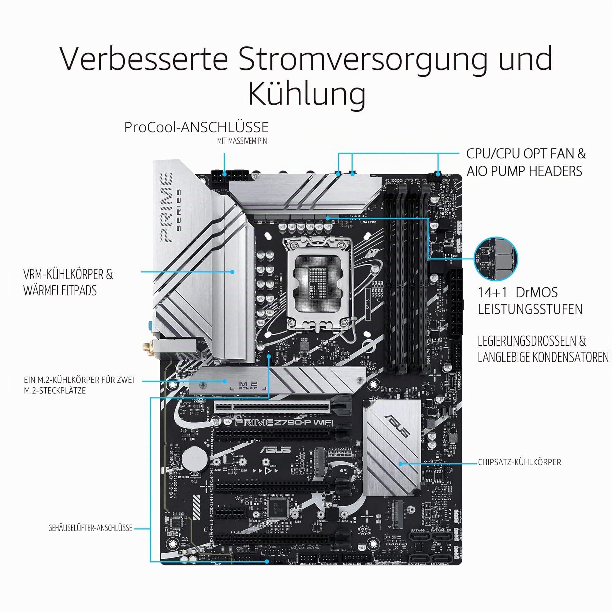 ASUS Prime Z790-P WiFi Gaming Mainboard Sockel Intel LGA1700 (ATX, PCIe 5.0, DDR5 Speicher, 3X M.2, WiFi 6, HDMI, DisplayPort, Aura Sync) Bild 3