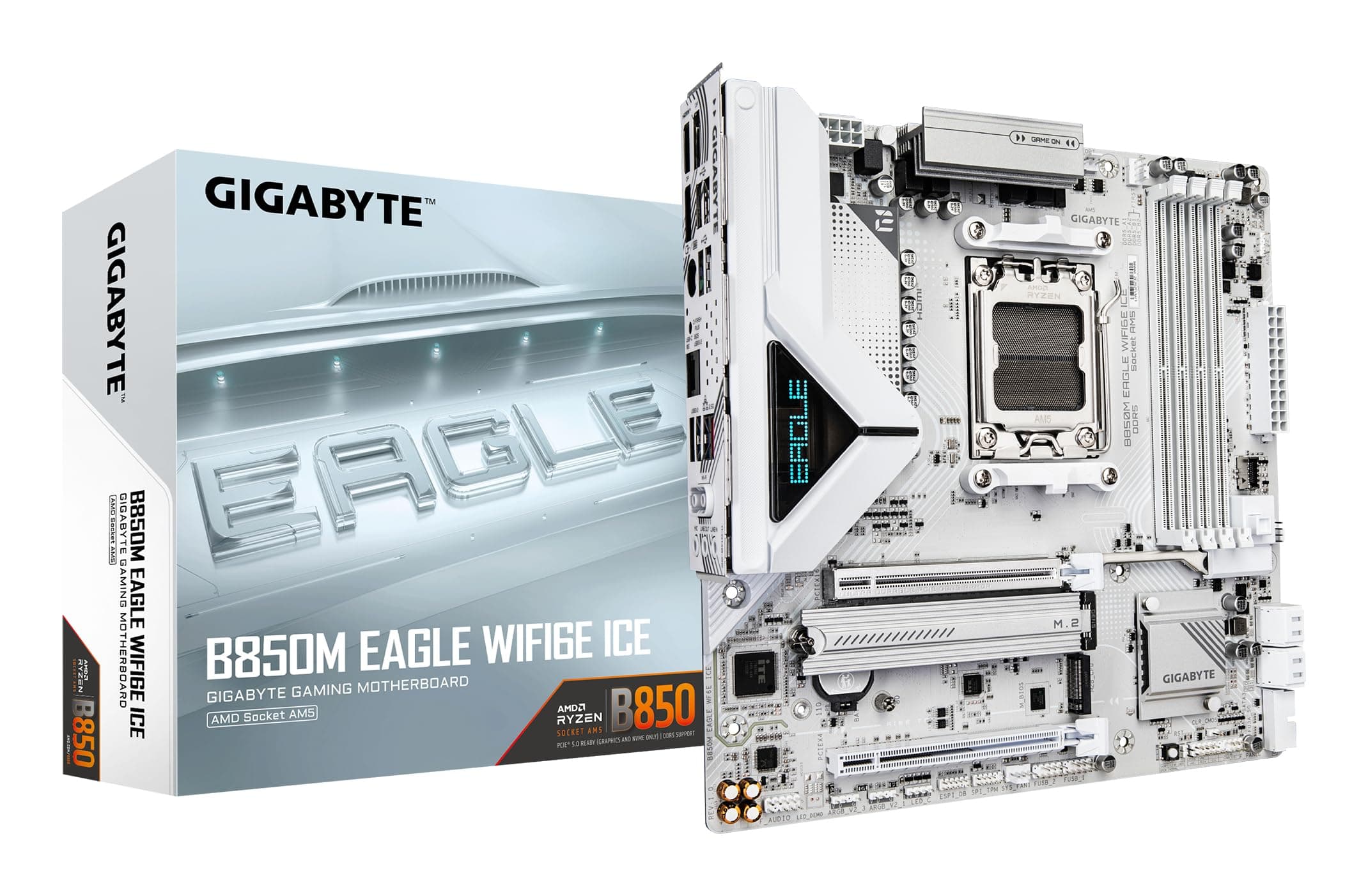 GIGABYTE B850M Eagle WIFI6E Ice Mainboard – Unterstützt AMD Ryzen 9000 Serie CPUs, digitales 8+2+2 Phasen VRM, bis zu 8200 MHz DDR5 (OC), 1 x PCIe 5.0 + 1 x PCIe 4.0 M.2, Wi-Fi 6E, 2.5 GbE LAN Bild 2