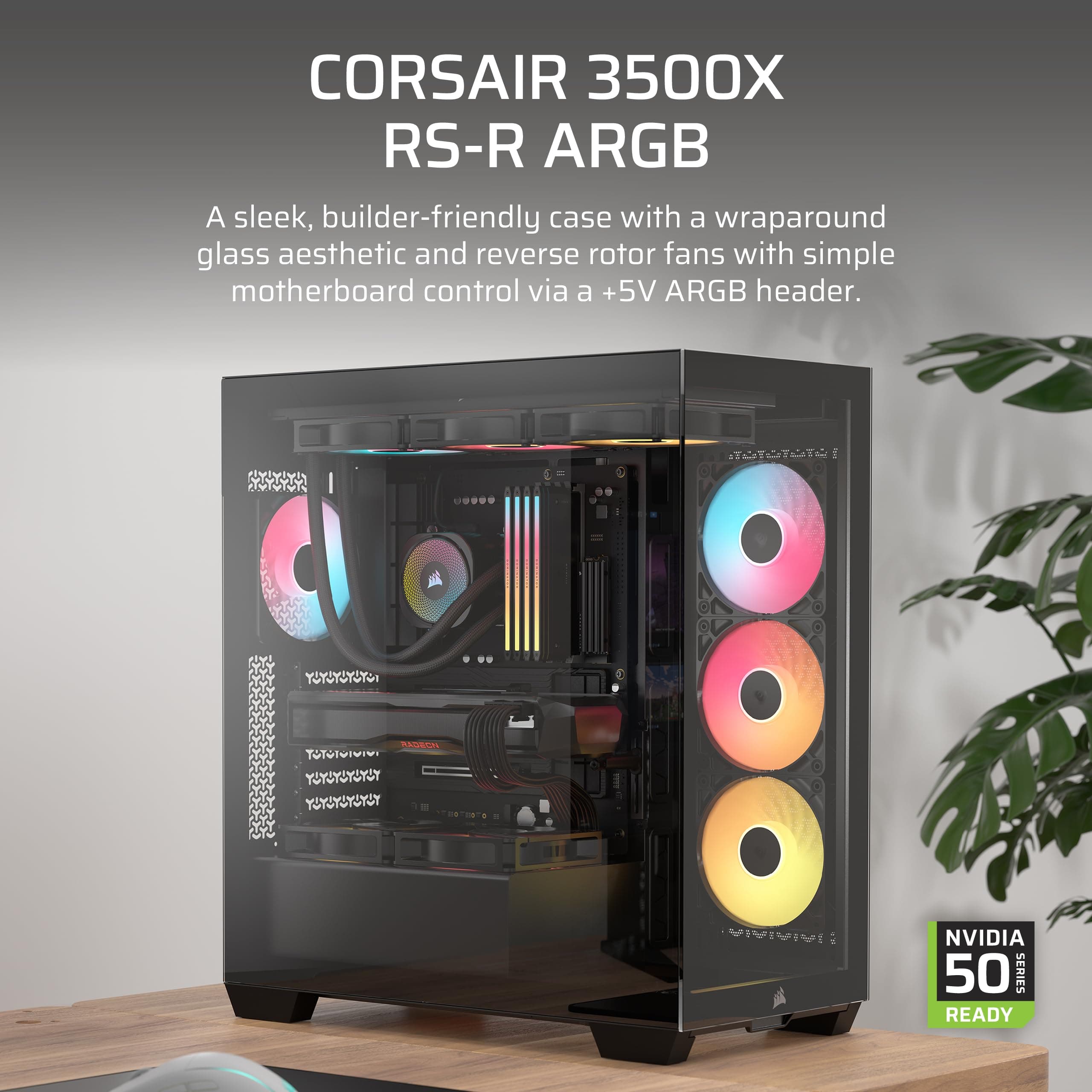 CORSAIR 3500X RS-R ARGB Panoramaglas Mid-Tower-PC-Gehäuse – 3 x RS120-R ARGB-Lüfter Inklusive, Platz für bis zu 10 x 120-mm-Lüfter, Kompatibel mit Motherboards mit Rückseitigem Anschluss – Schwarz Bild 3