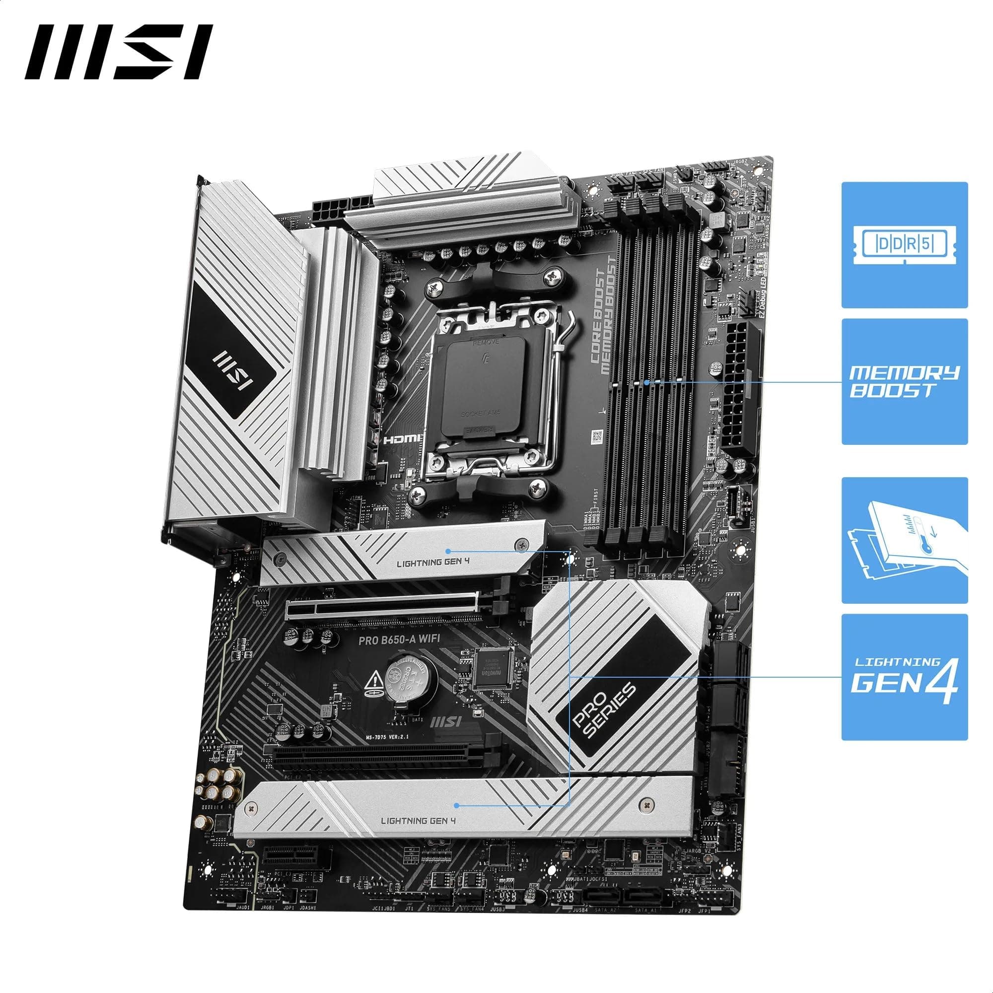 MSI PRO B650-A WiFi Mainboard, ATX - Unterstützt Ryzen 9000, 8000 & 7000 Serie Prozessoren, AM5 - DDR5 Speicher Boost 7600+MHz/OC, 2 x PCIe 4.0 x16, 3 x M.2 Gen4, Wi-Fi 6E ATX PRO B650-A WIFI Bild 5
