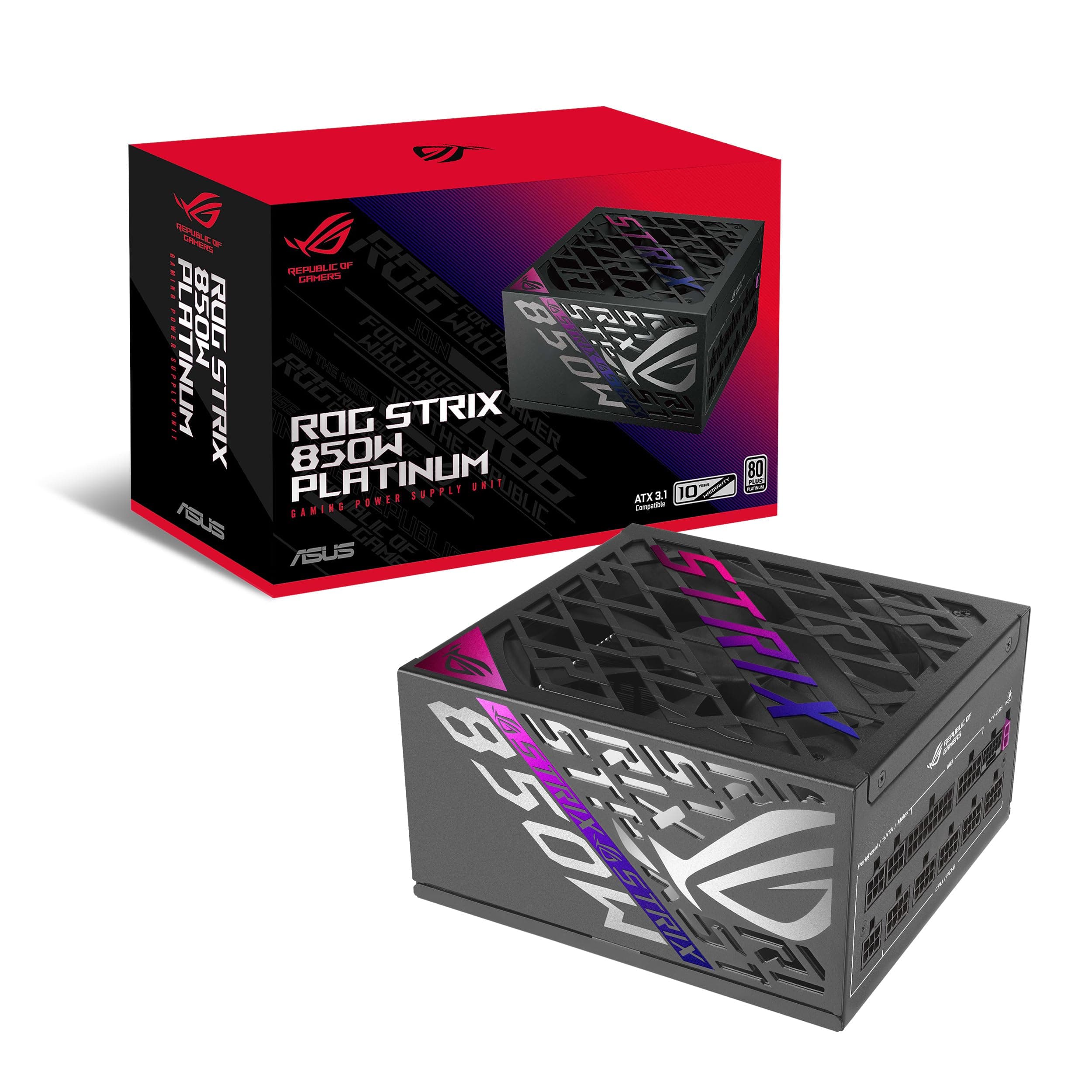 ASUS ROG Strix 850W Platinum Gaming Netzteil (Vollmodulares ATX Netzteil, GPU-First, 80 Plus Platin, Cybenetics Platinum Zertifizierung, GaN-MOSFET, ATX 3.1, PCIE 5.1, 12V-2x6 Connector) Bild 2